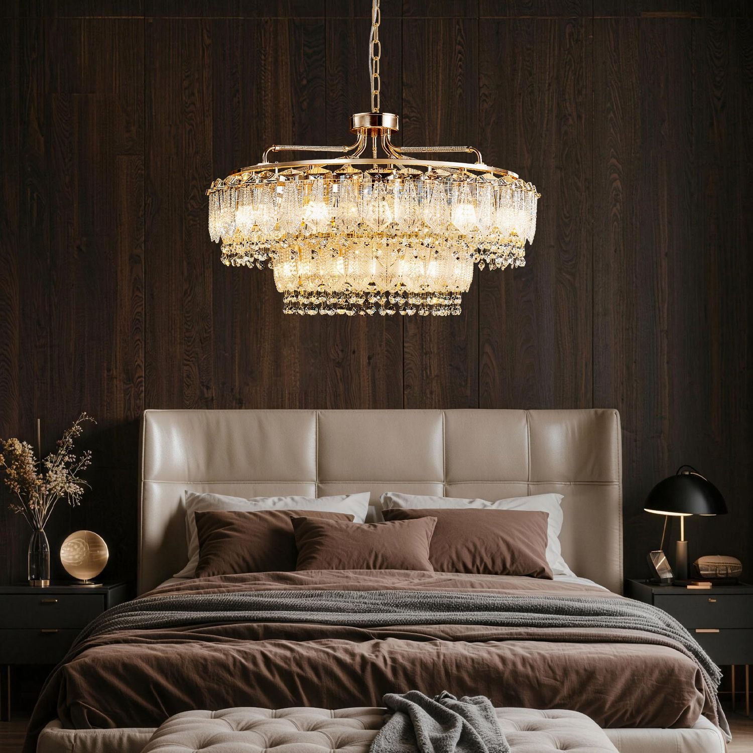 Astro Italian Mid-Century Modern Chrome Stainless Steel Double Tiered Satellite Chandelier in a bedroom setting, showcasing its elegant design above a tufted bed with brown bedding and dark wood accents | Sofary Lighting