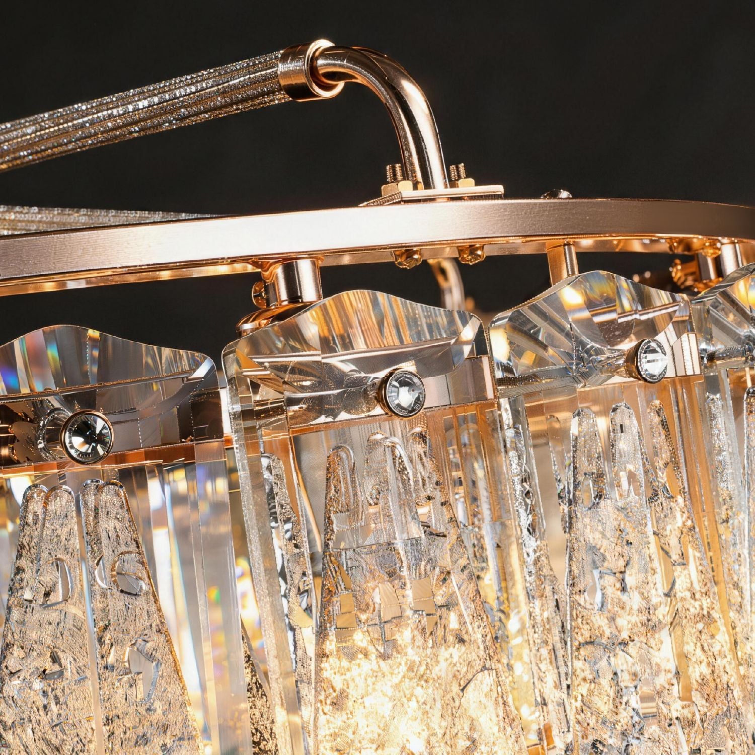 Closeup of Astro Italian Mid-Century Modern Chrome Stainless Steel Double Tiered Satellite Chandelier — highlighting the reflective chrome metal framework, faceted crystal elements, and precision craftsmanship | Sofary Lighting