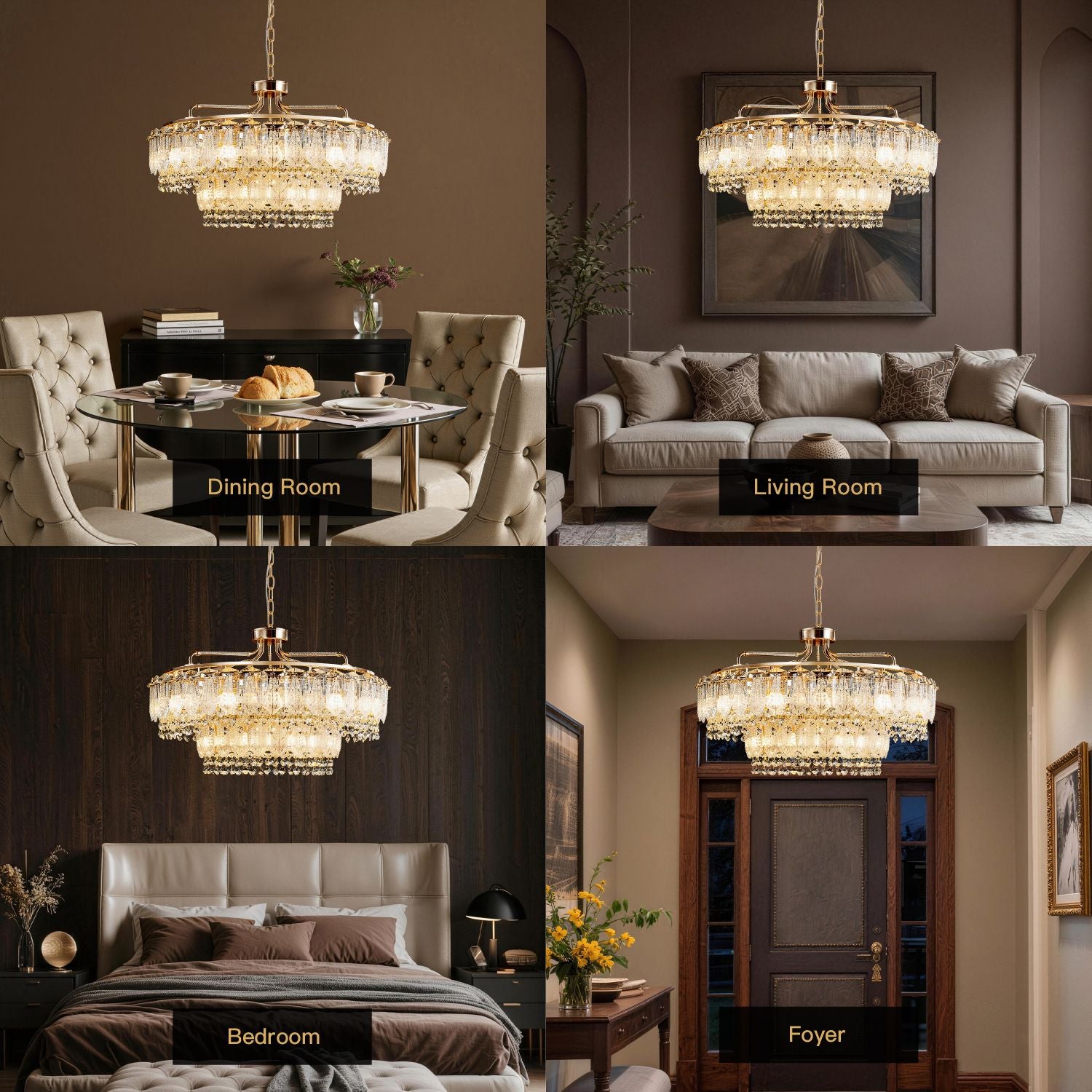 Astro Italian Mid-Century Modern Chrome Stainless Steel Double Tiered Satellite Chandelier in 4 scenes: Dining Room, Living Room, Bedroom, Foyer — showcasing versatile mid-century modern style | Sofary Lighting