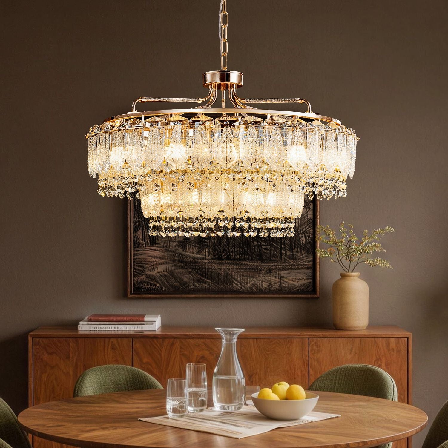 Astro Italian Mid-Century Modern Chrome Stainless Steel Double Tiered Satellite Chandelier — front view highlighting tiered arms, chrome finish, and mid-century modern design for statement lighting | Sofary Lighting