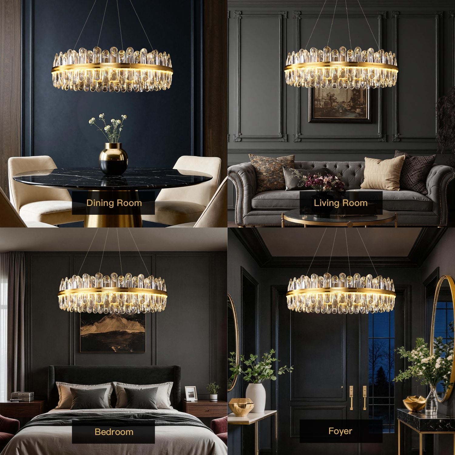 Aurelia Modern Luxury Champagne Gold K9 Crystal Chandelier in 4 home spaces: Dining Room, Living Room, Bedroom, Foyer — showcasing versatility across interior styles | Sofary Lighting