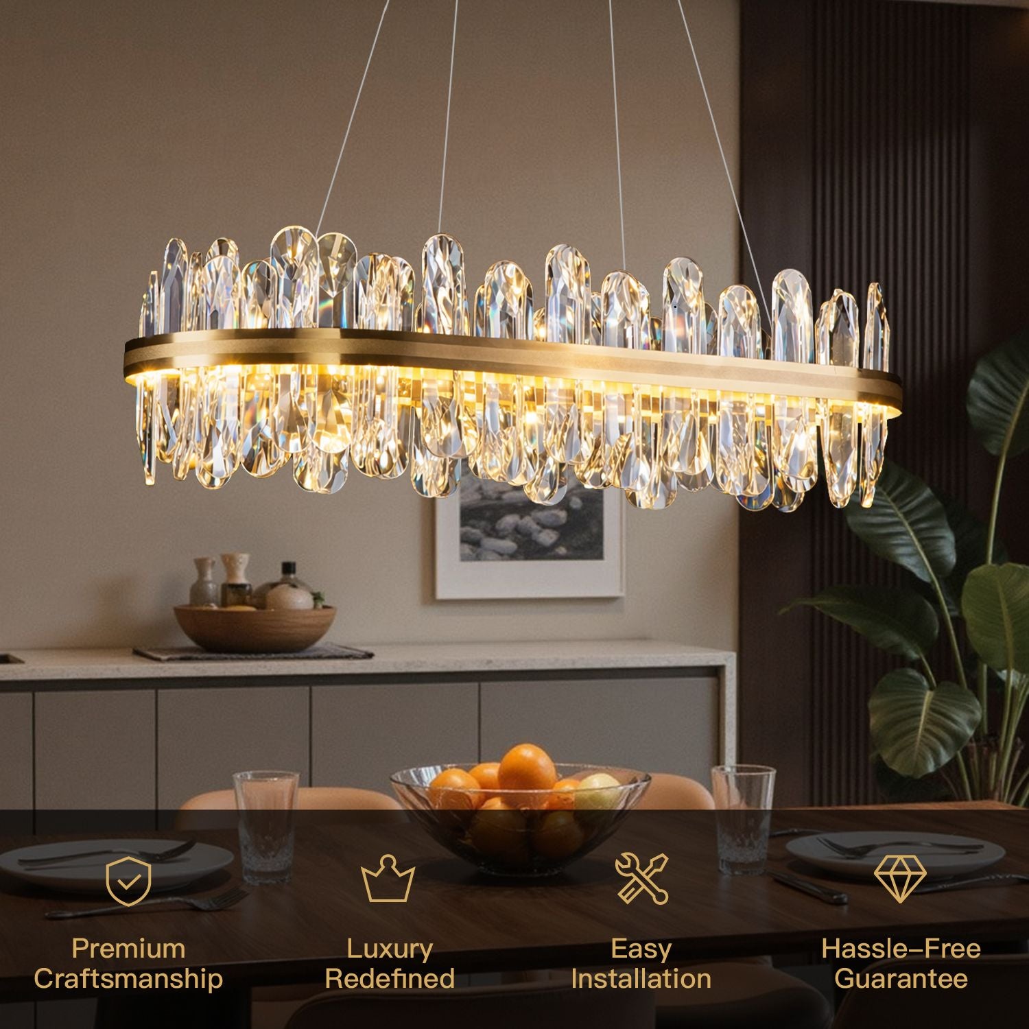 Aurelia Modern Luxury Champagne Gold Linear K9 Crystal LED Chandelier features: Premium Craftsmanship, Luxury Redefined, Easy Installation, Hassle-Free Guarantee | Sofary Lighting
