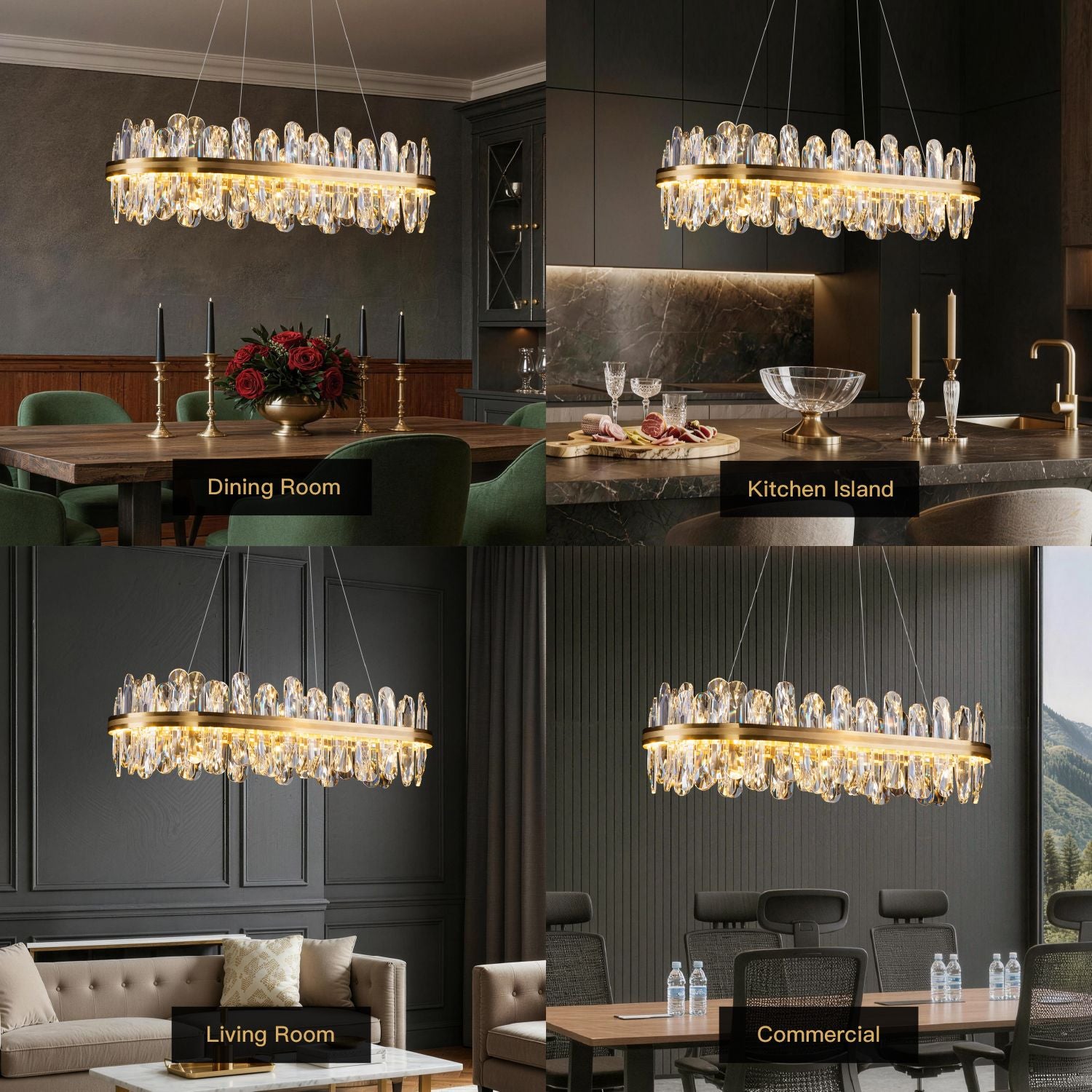 Aurelia Modern Luxury Champagne Gold Linear K9 Crystal LED Chandelier in 4 scenes: Dining Room (marble table), Kitchen Island (dark countertop), Living Room (beige sofa), and Commercial (conference table) | Sofary Lighting