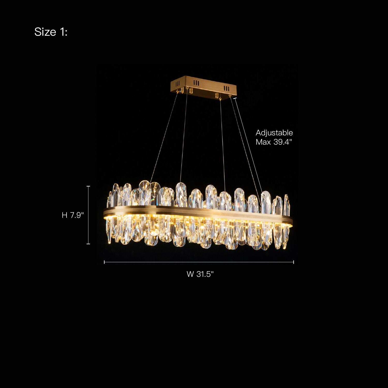 Aurelia Modern Luxury Champagne Gold Linear K9 Crystal LED Chandelier — Size 1 dimensions: Height 7.9", Width 31.5" | Sofary Lighting