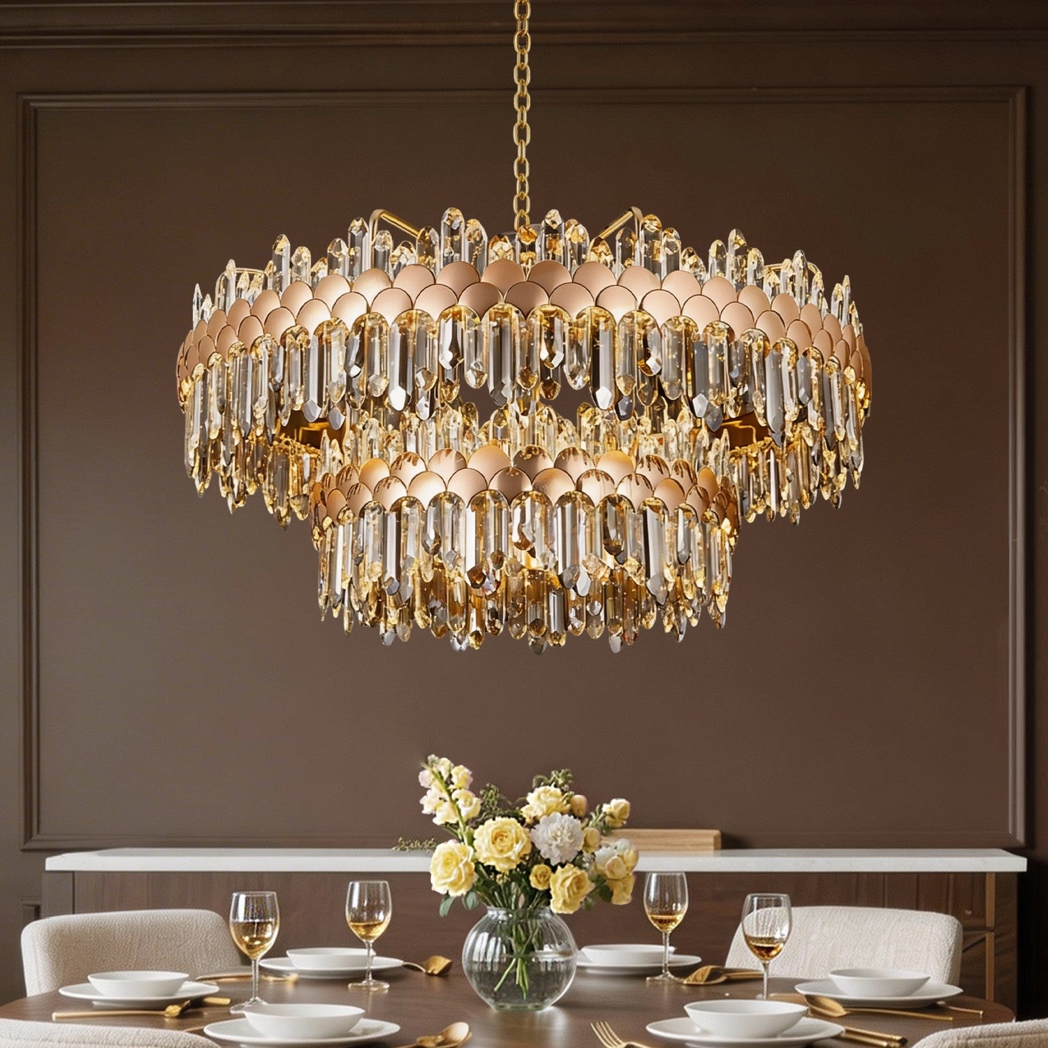aurelio modern gold k9 crystal double tiered three color dimming chandelier above dining table in elegant dining room | Sofary Lighting
