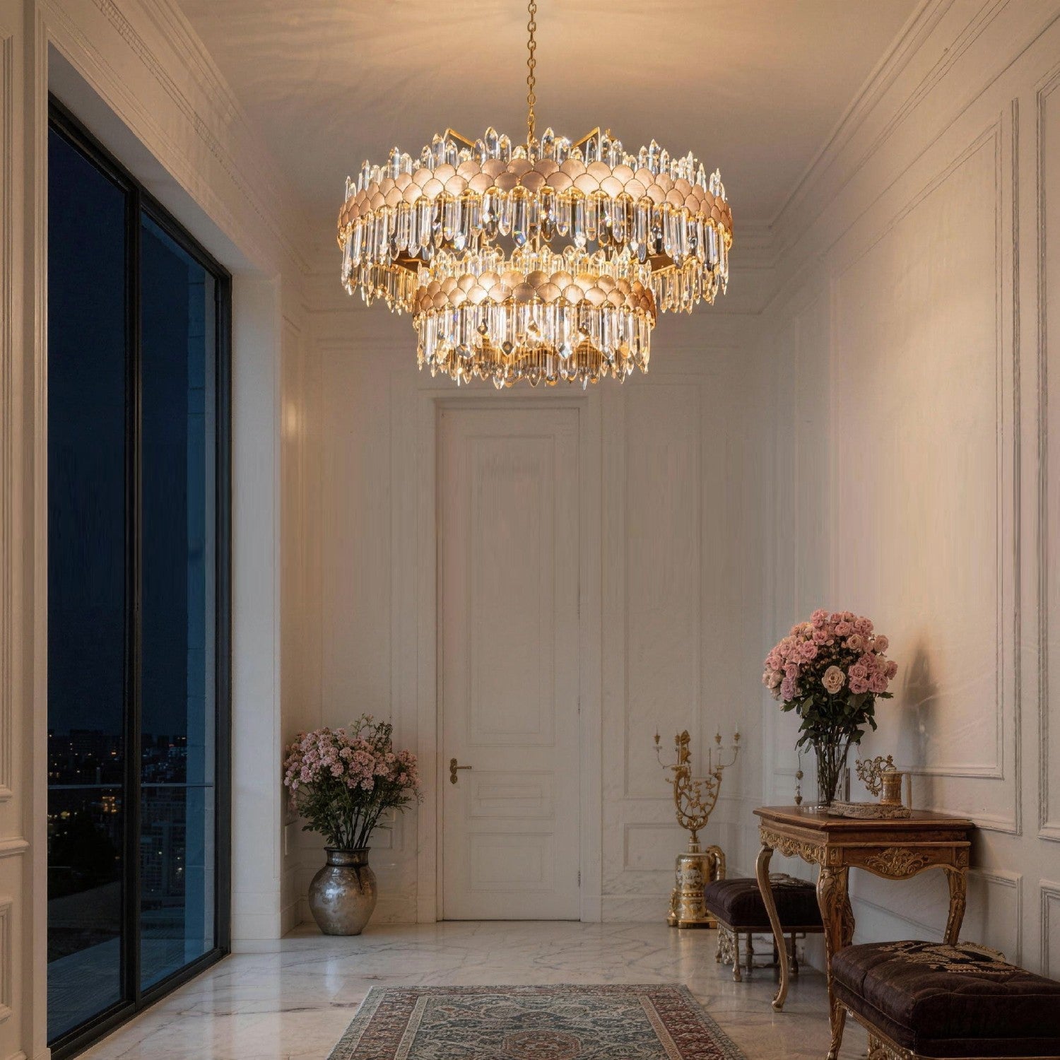 aurelio modern gold k9 crystal double tiered three color dimming chandelier in foyer entryway with elegant gold crystal lighting | Sofary Lighting