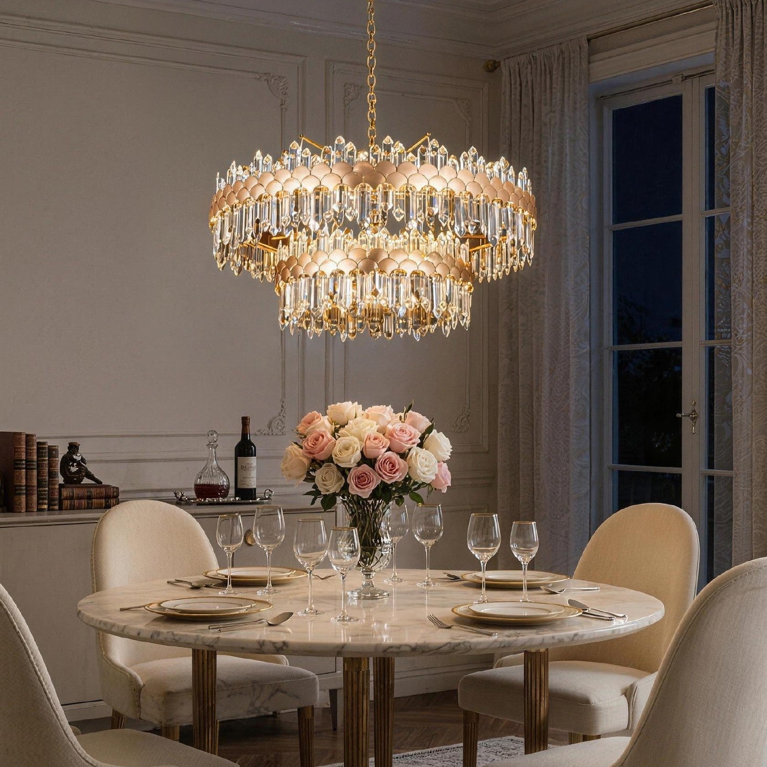 aurelio modern gold k9 crystal double tiered three color dimming chandelier creating warm ambient lighting in modern dining room | Sofary Lighting