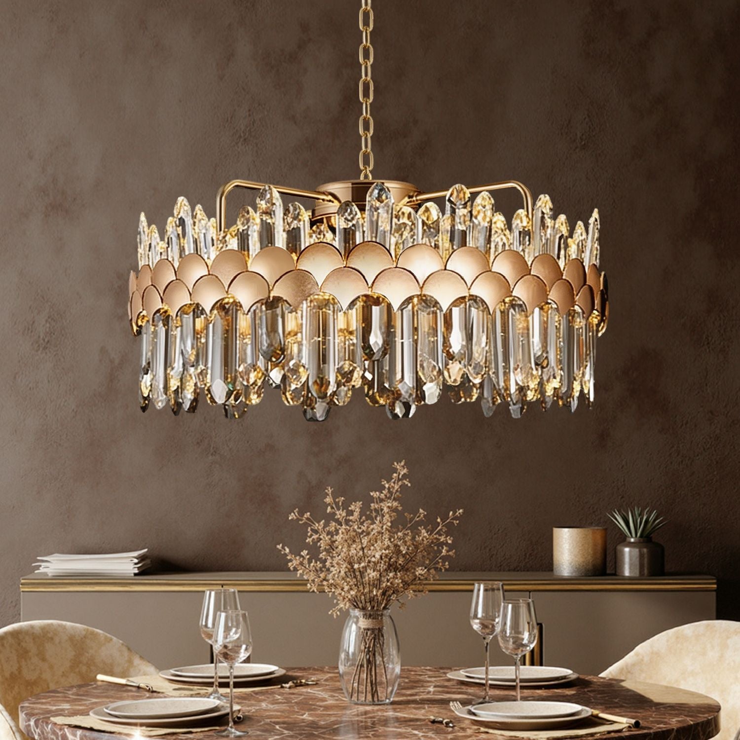 aurelio modern gold k9 crystal round chandelier hanging above dining table in elegant dining room setting | Sofary Lighting
