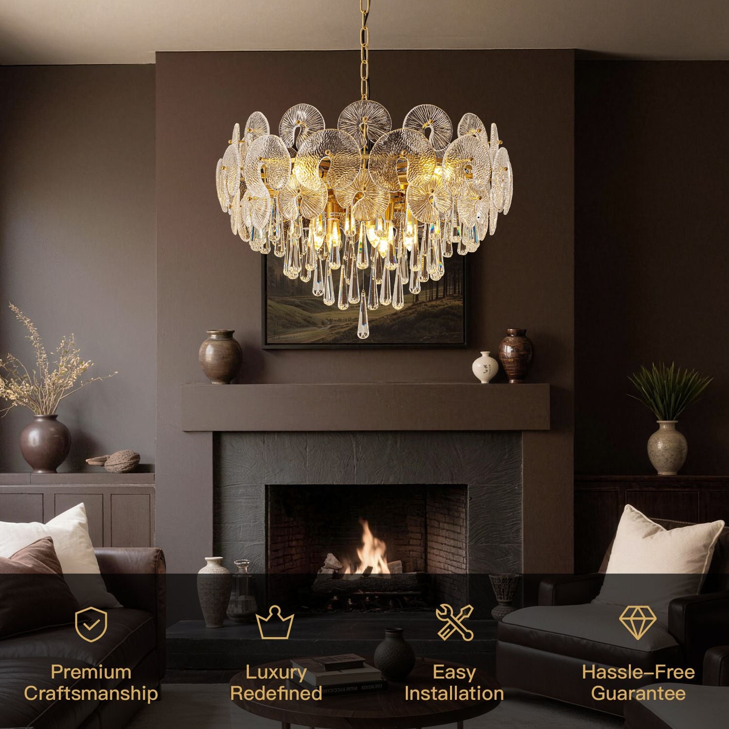Aurelio Modern Luxury Gold Glass Chandelier for Living Room with premium craftsmanship luxury design easy installation and hassle free guarantee | Sofary Lighting