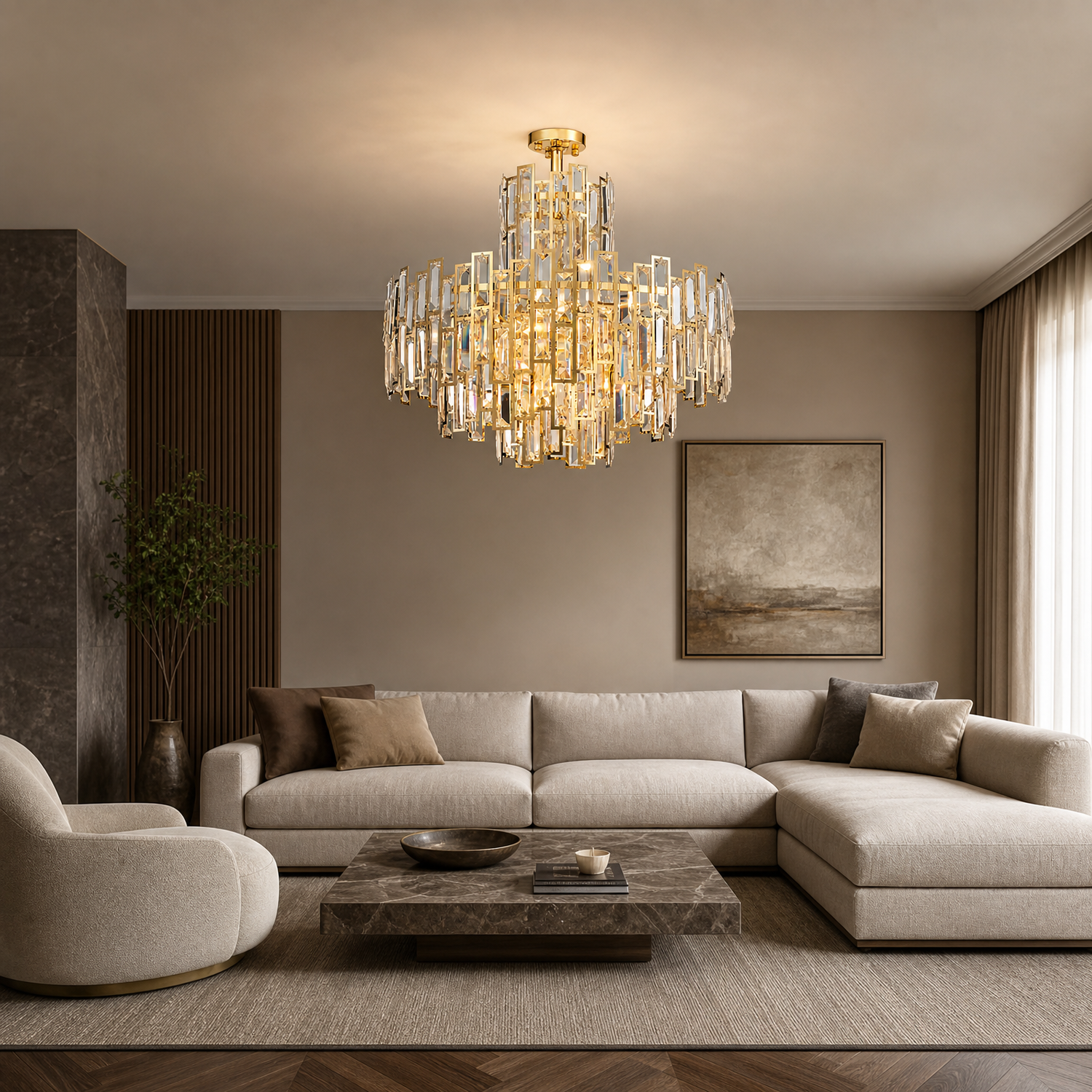 Aurelisse Luxury Gold Crystal Tiered Round Chandelier living room