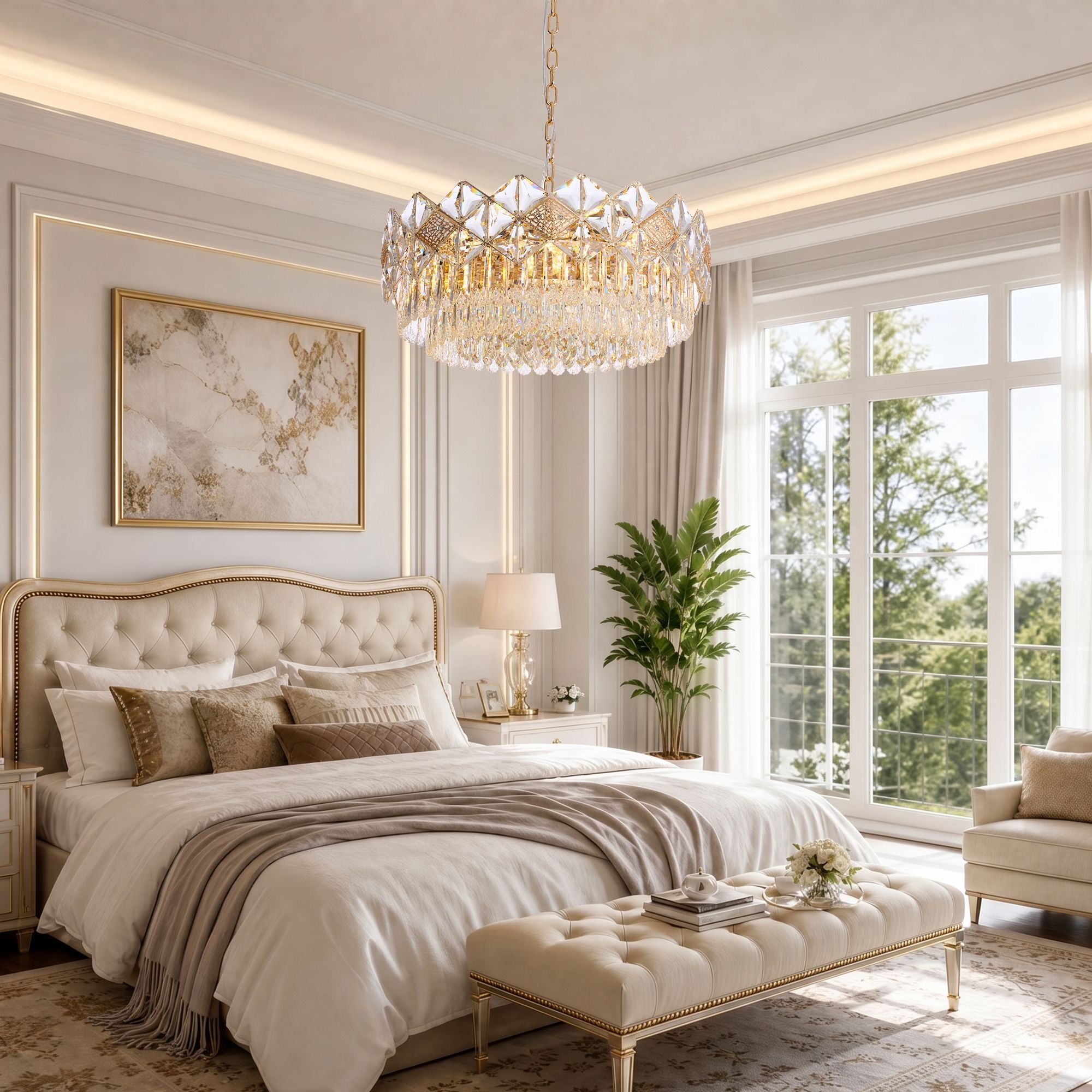 Aureme Chandelier in a serene bedroom — tufted bed, neutral palette, floor-to-ceiling windows, and warm ambient glow for cozy elegance | Sofary Lighting