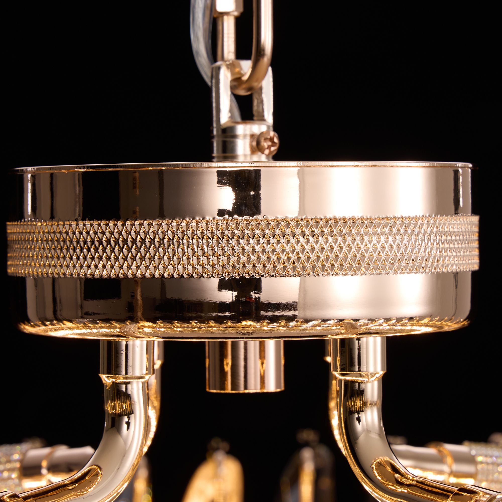 Extreme close-up of Aureme’s faceted crystal glass — iridescent light refraction, diamond-cut surfaces, and intricate gold lattice detailing | Sofary Lighting