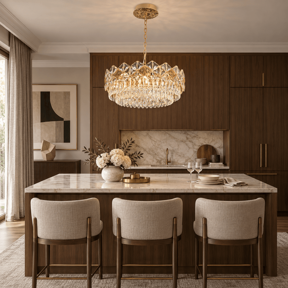 Aureme modern luxury pleated glass chandelier over kitchen island — marble countertop, wood cabinetry, gold accents, crystal glass glow, upscale transitional interior | Sofary Lighting