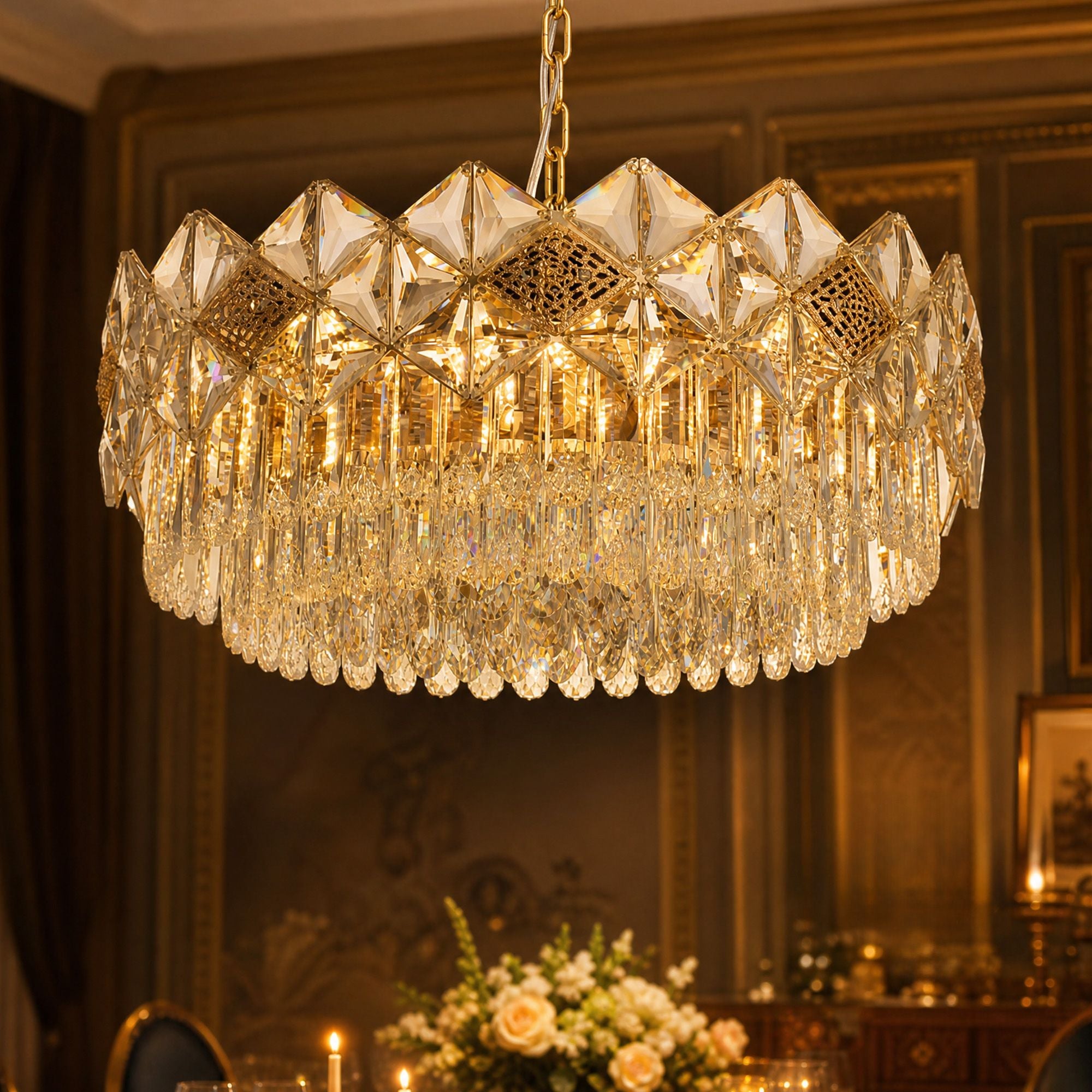 Aureme Pleated Glass Chandelier illuminated — warm golden glow through layered glass, showcasing its luxurious radiance and craftsmanship | Sofary Lighting