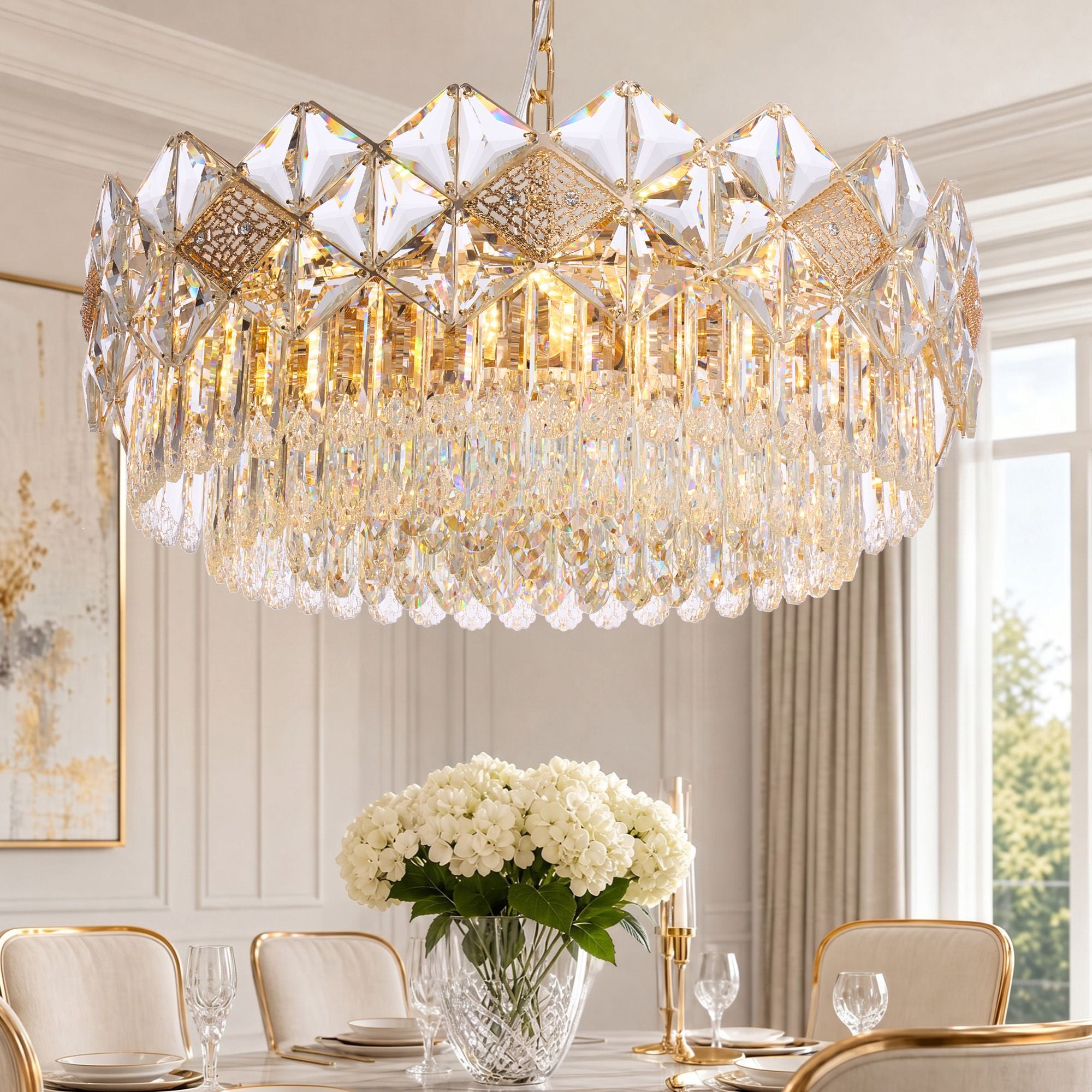 Aureme Pleated Glass Chandelier illuminated — warm golden glow through layered glass, showcasing its luxurious radiance and craftsmanship | Sofary Lighting