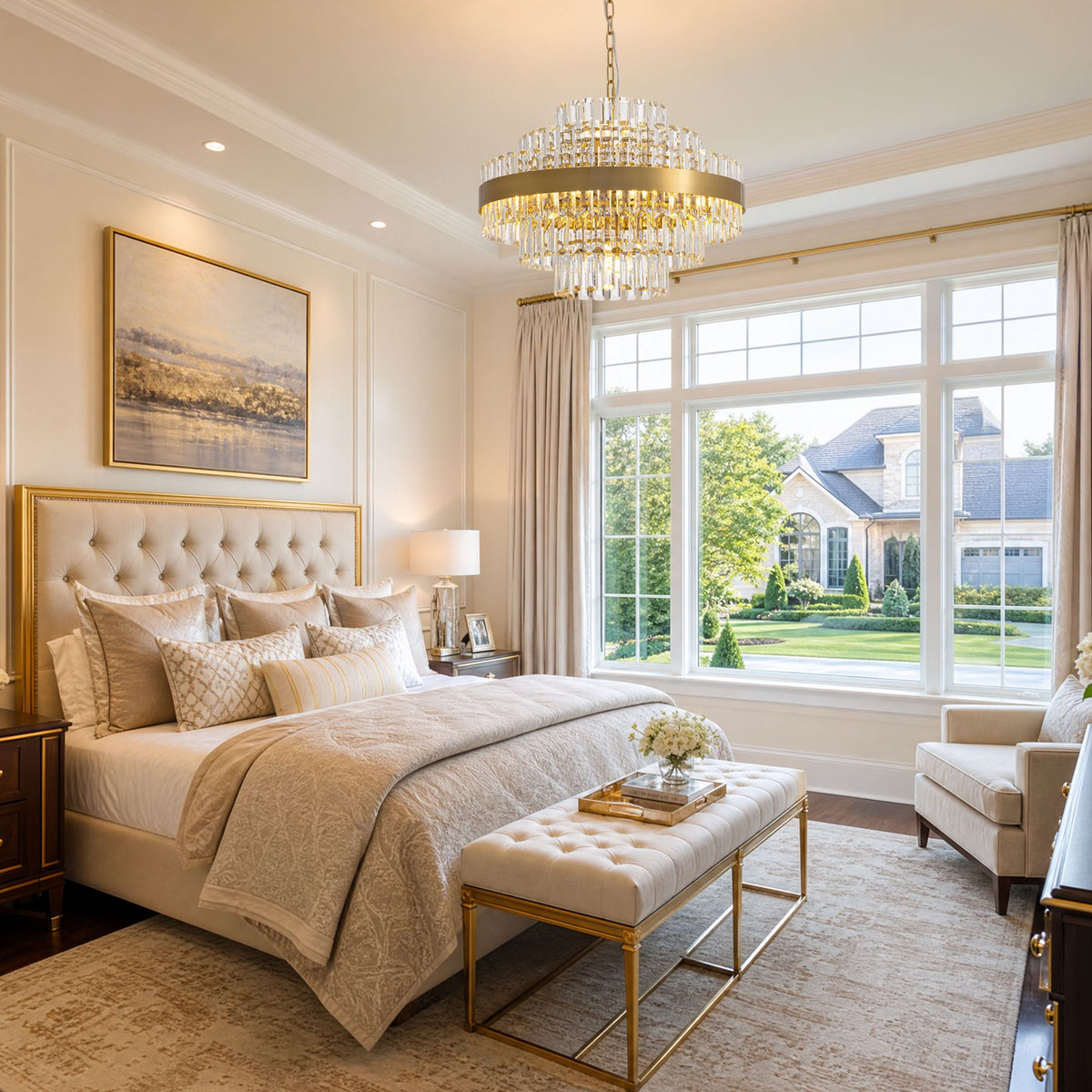 Aureole Crystal Chandelier in luxury bedroom — tufted headboard, large window, soft glamorous illumination for restful elegance | Sofary Lighting