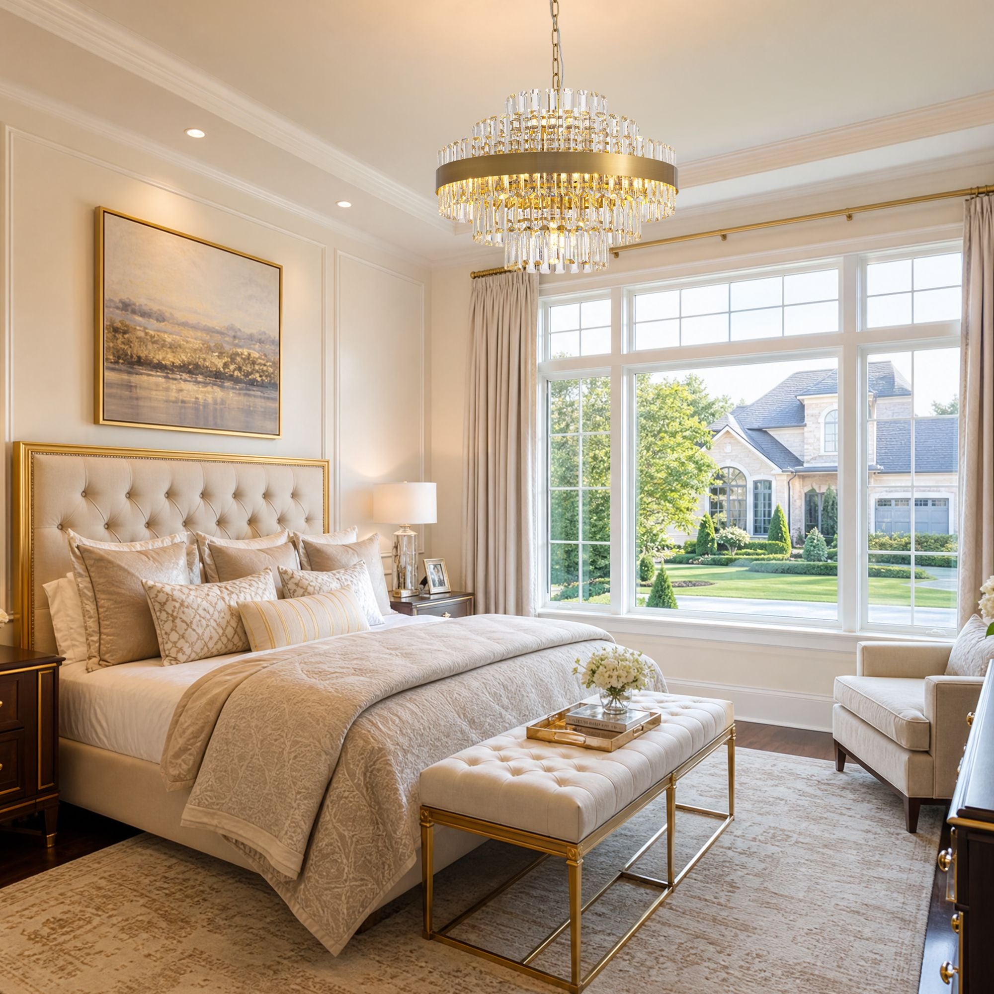 Aureole Crystal Chandelier in luxury bedroom — tufted headboard, large window, soft glamorous illumination for restful elegance | Sofary Lighting
