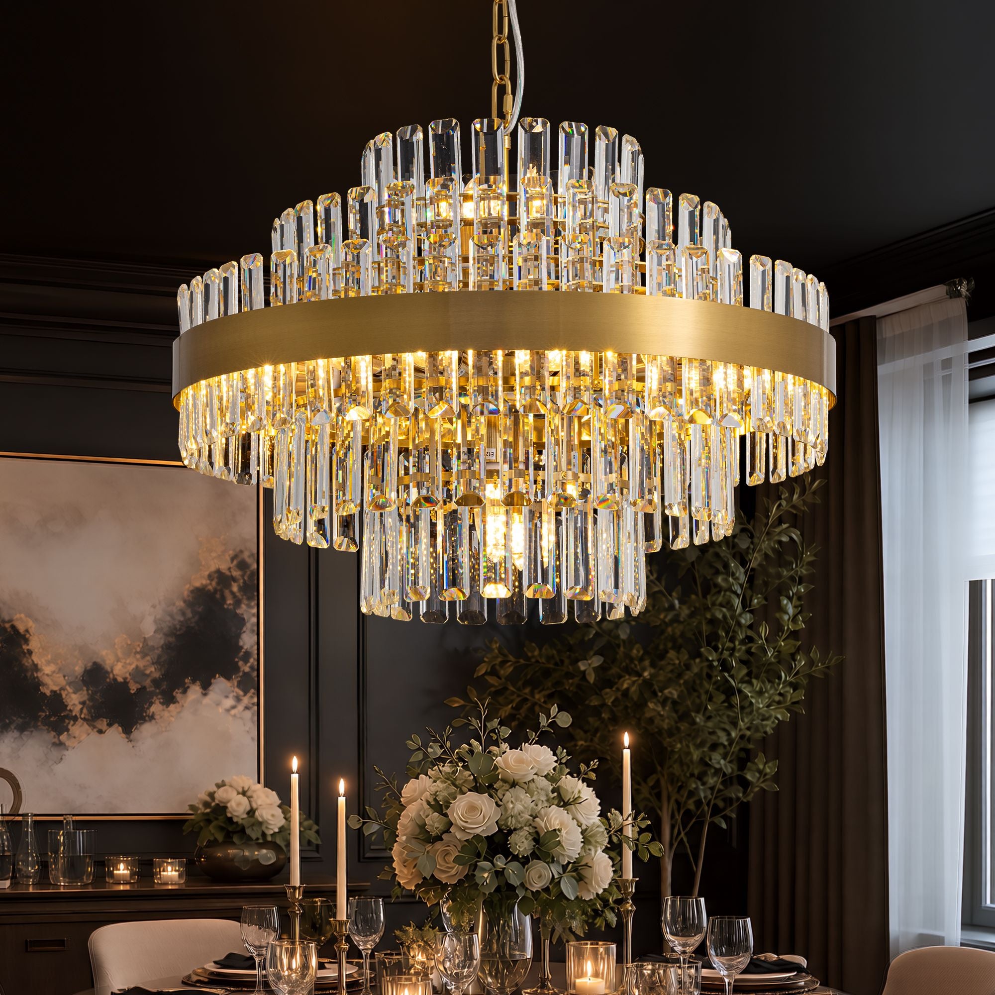 Aureole Modern Copper Crystal Round Raindrop Chandelier — tiered K9 crystal prisms with luxe gold finish, glamorous focal point for dining and living spaces | Sofary Lighting