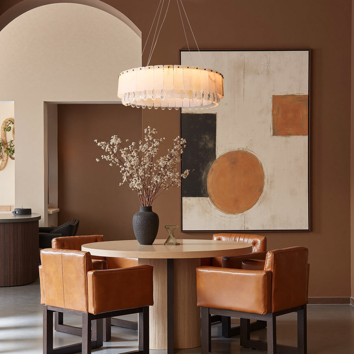 aurevia modern luxury gold natural alabaster crystal round chandelier dining room wide view sofary lighting