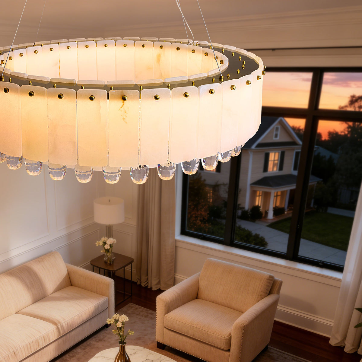 aurevia modern luxury gold natural alabaster crystal round chandelier living room close up sofary lighting
