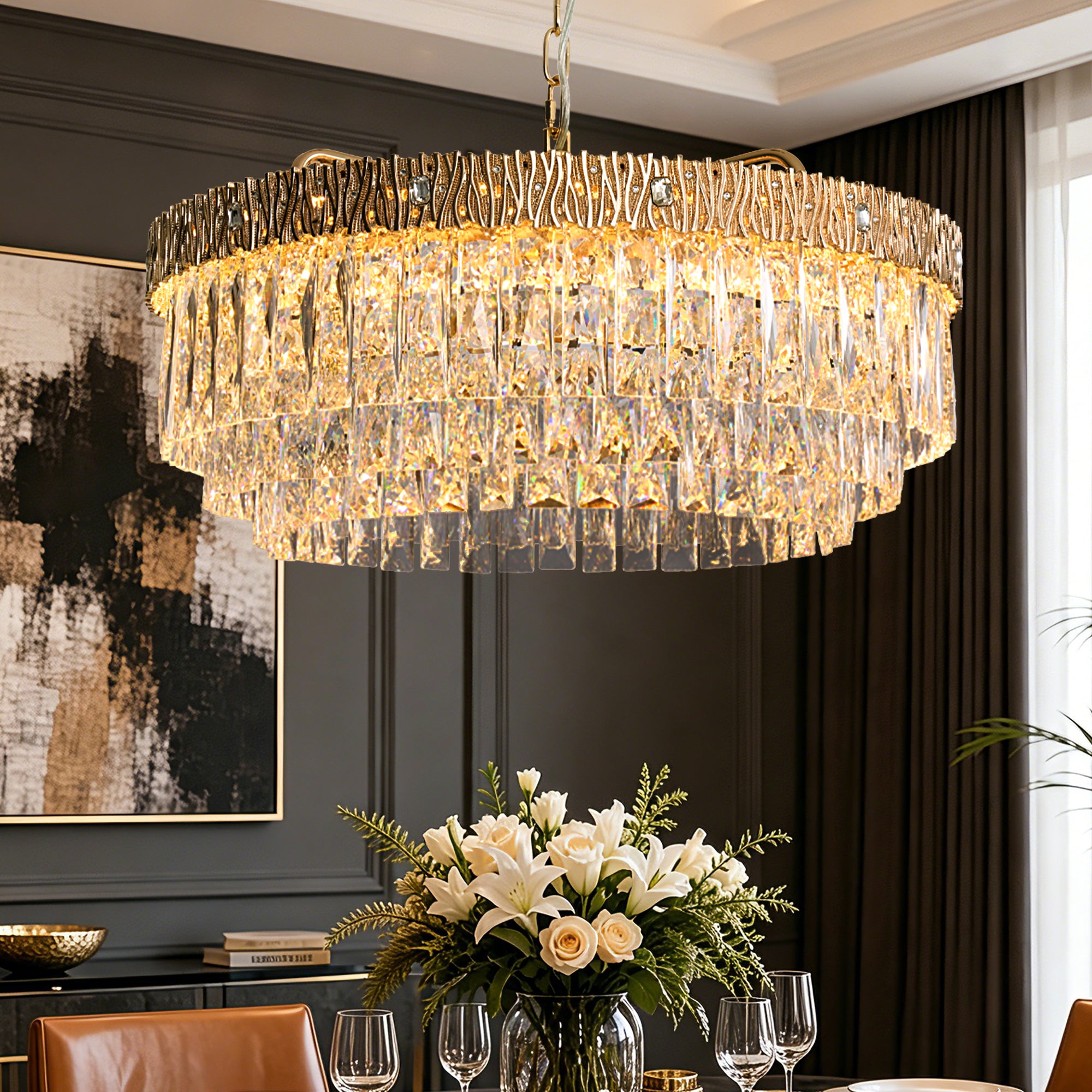 avelora-modern-luxury-gold-crystal-tiered-ring-chandelier-above-the-table