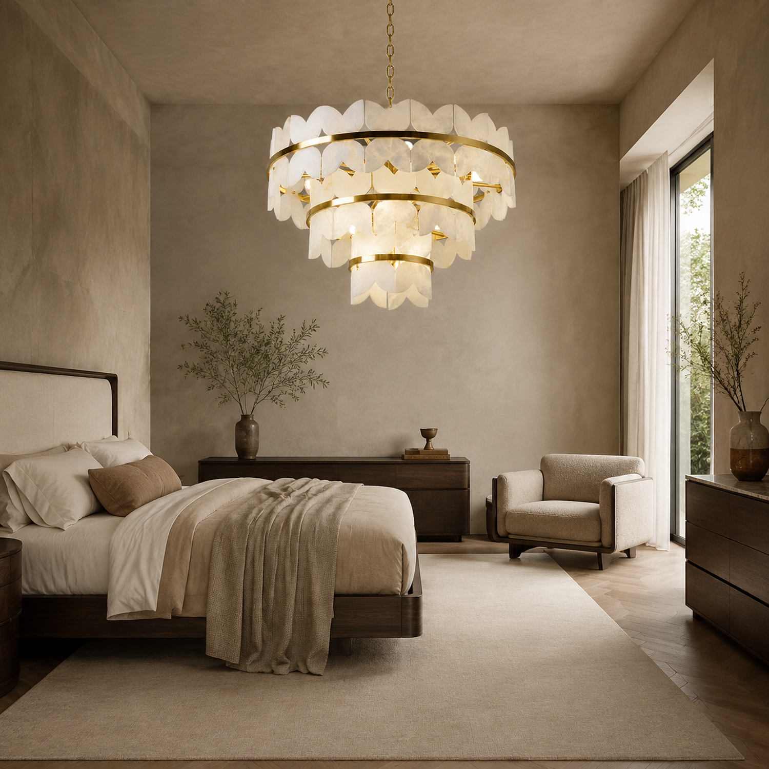 Caeloria luxury gold natural alabaster petal tiered chandelier