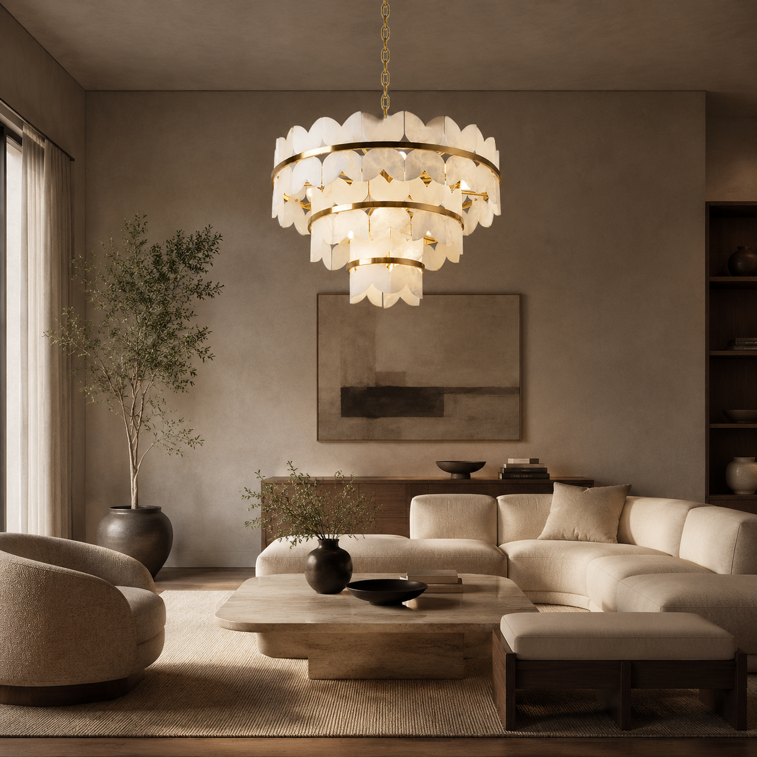 Caeloria luxury gold natural alabaster petal tiered chandelier