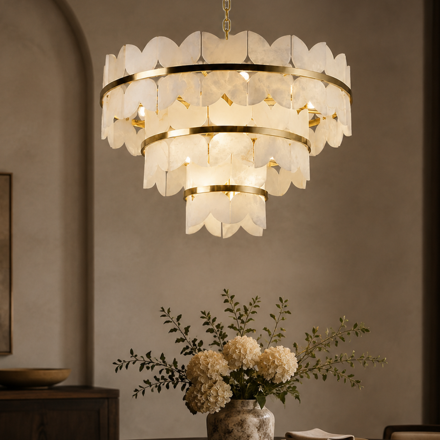 Caeloria luxury gold natural alabaster petal tiered chandelier