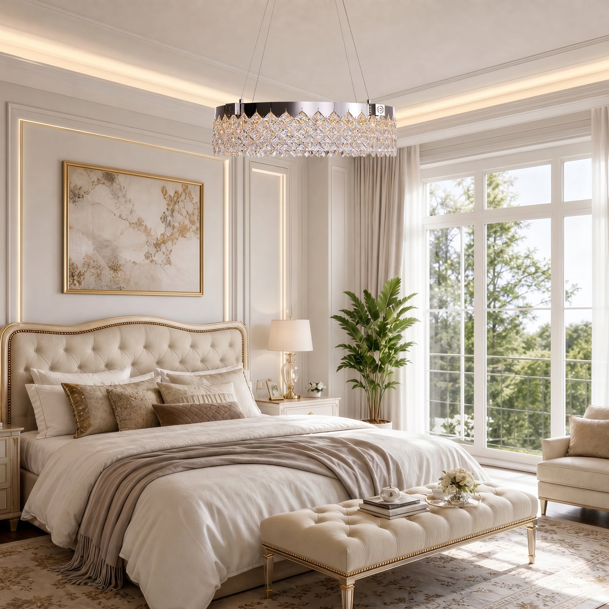 camille-modern-chrome-crystal-ring-cascade-chandelier-above-the-bed