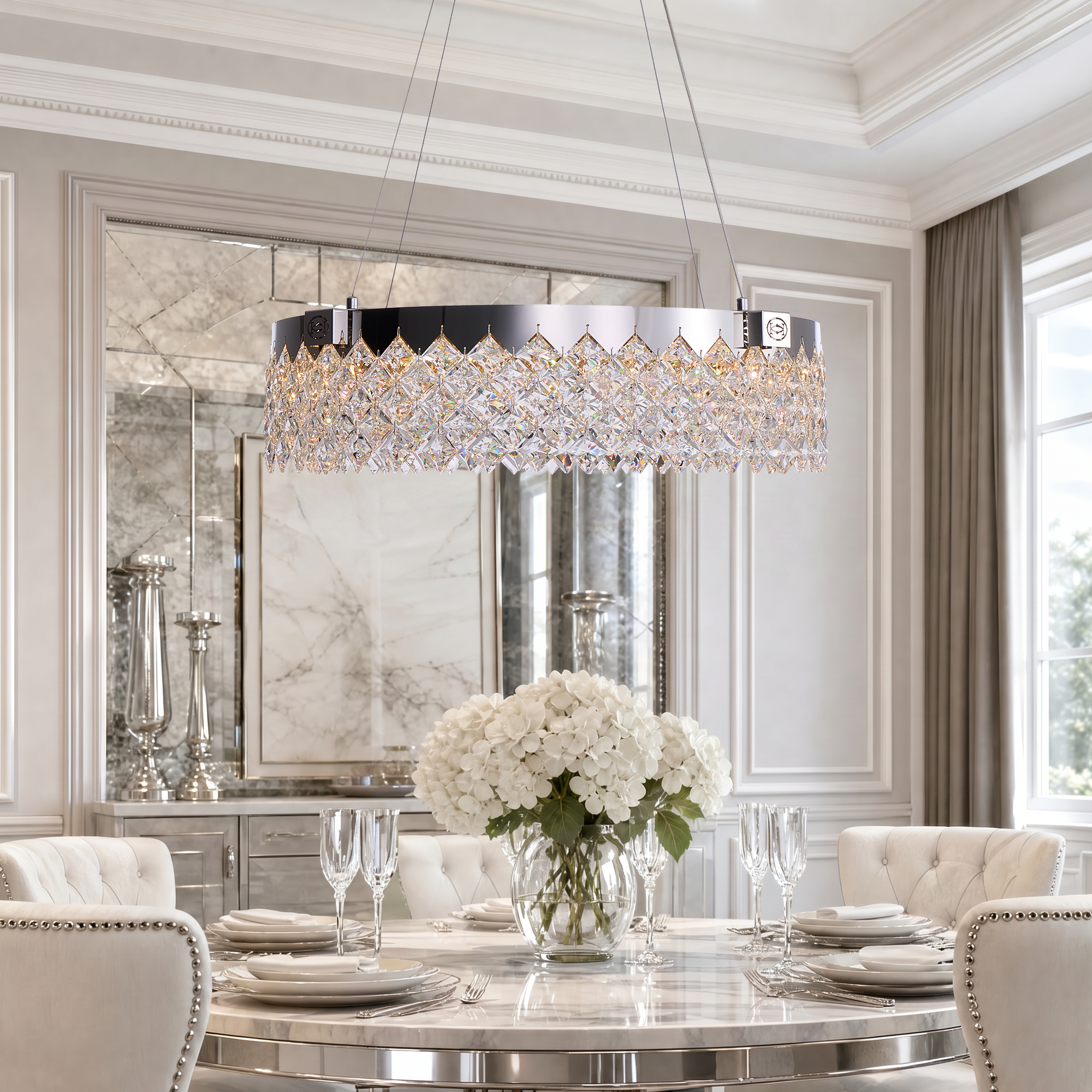 camille-modern-chrome-crystal-ring-cascade-chandelier-above-the-dining-table