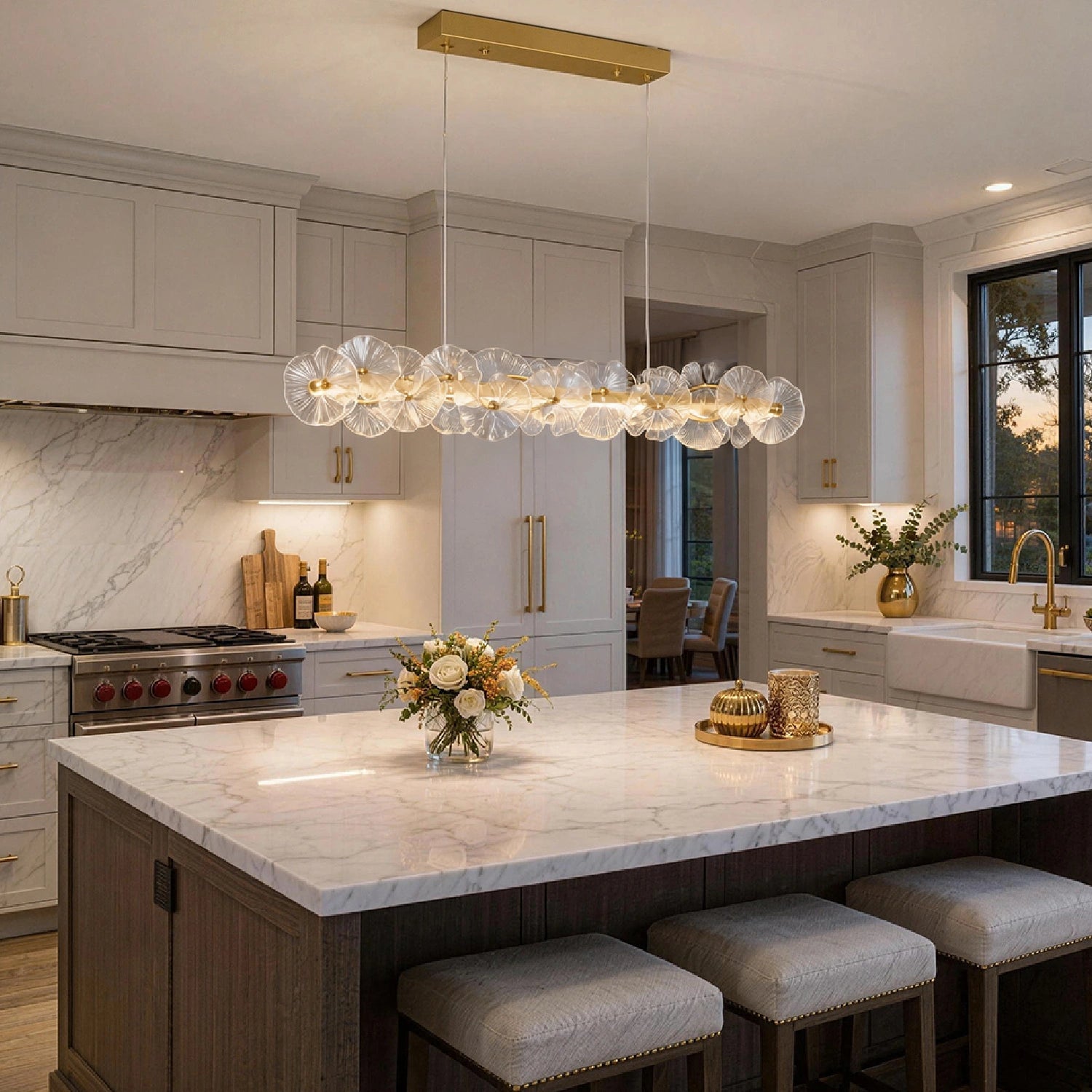 Contemporary Linear Glass Flower Chandelier providing a warm glow over a formal dining table set for six with elegant glassware and candles. Sofary Lighting