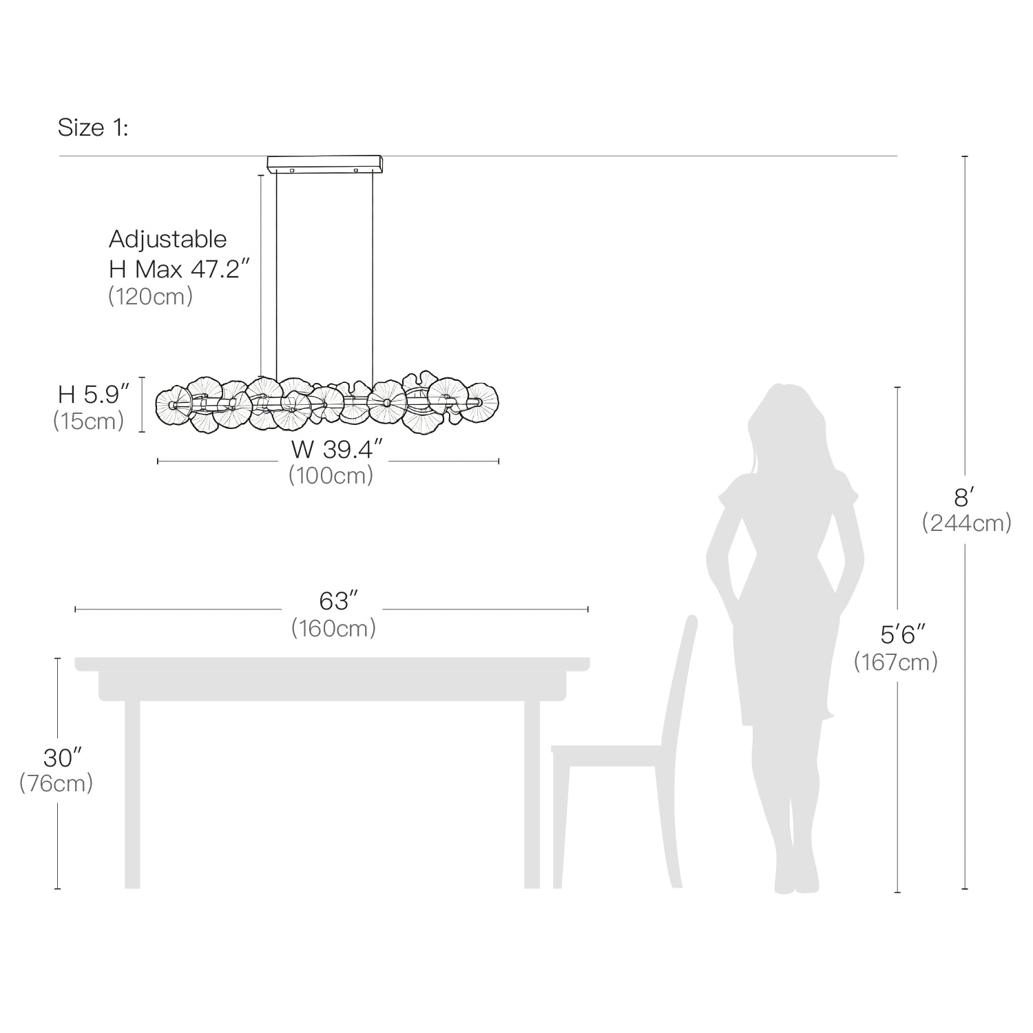 Size 1 dimensions for the Contemporary Linear Glass Flower Chandelier, showing a 39.4-inch width and adjustable 47.2-inch hanging height. Sofary Lighting