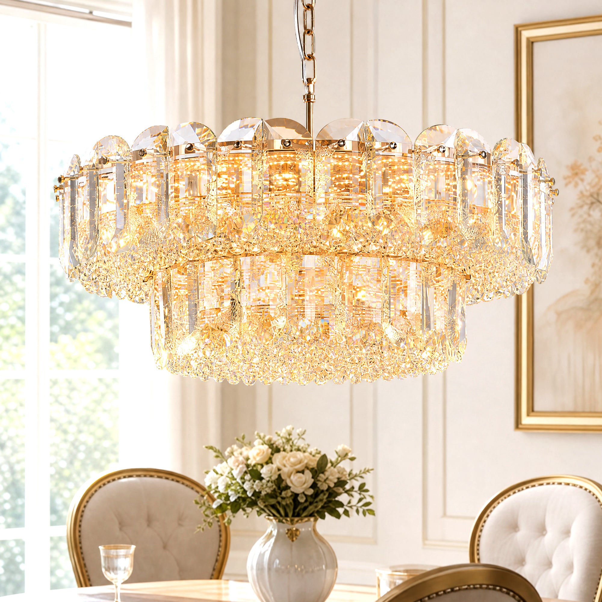 Corvenza Modern Luxury Gold Crystal Tiered Round Chandelier