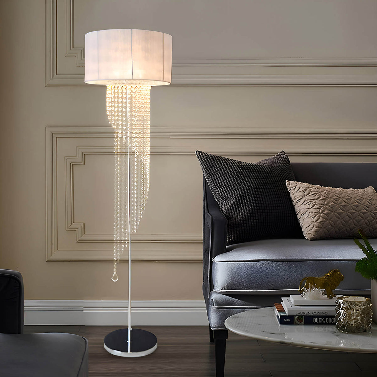 Modern Crystal White Floor Lamp with Elegant Vertical Cloth Shade ...