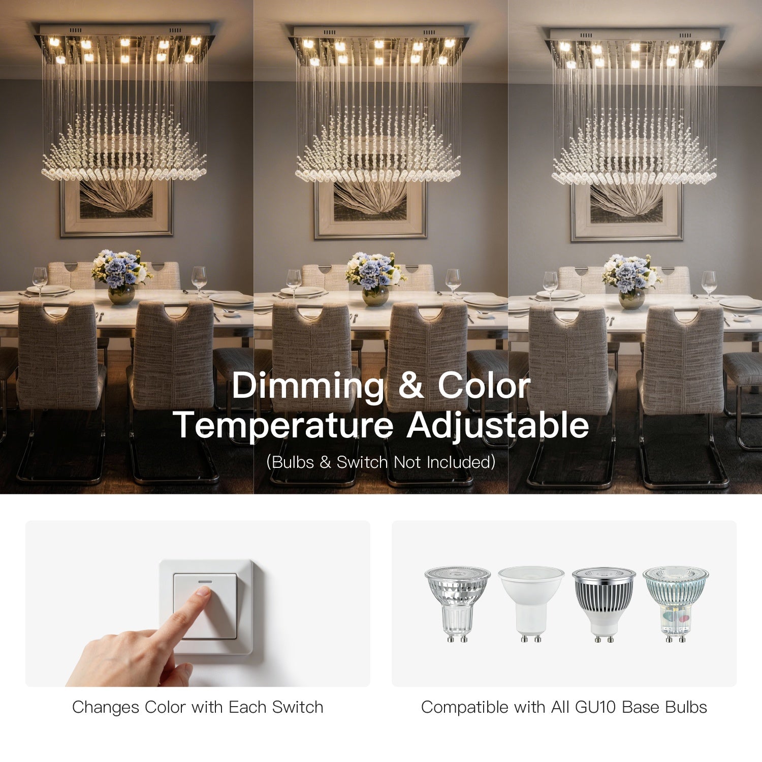 rectangular crystal chandelier with dimming and adjustable color temperature lighting options | Sofary Lighting