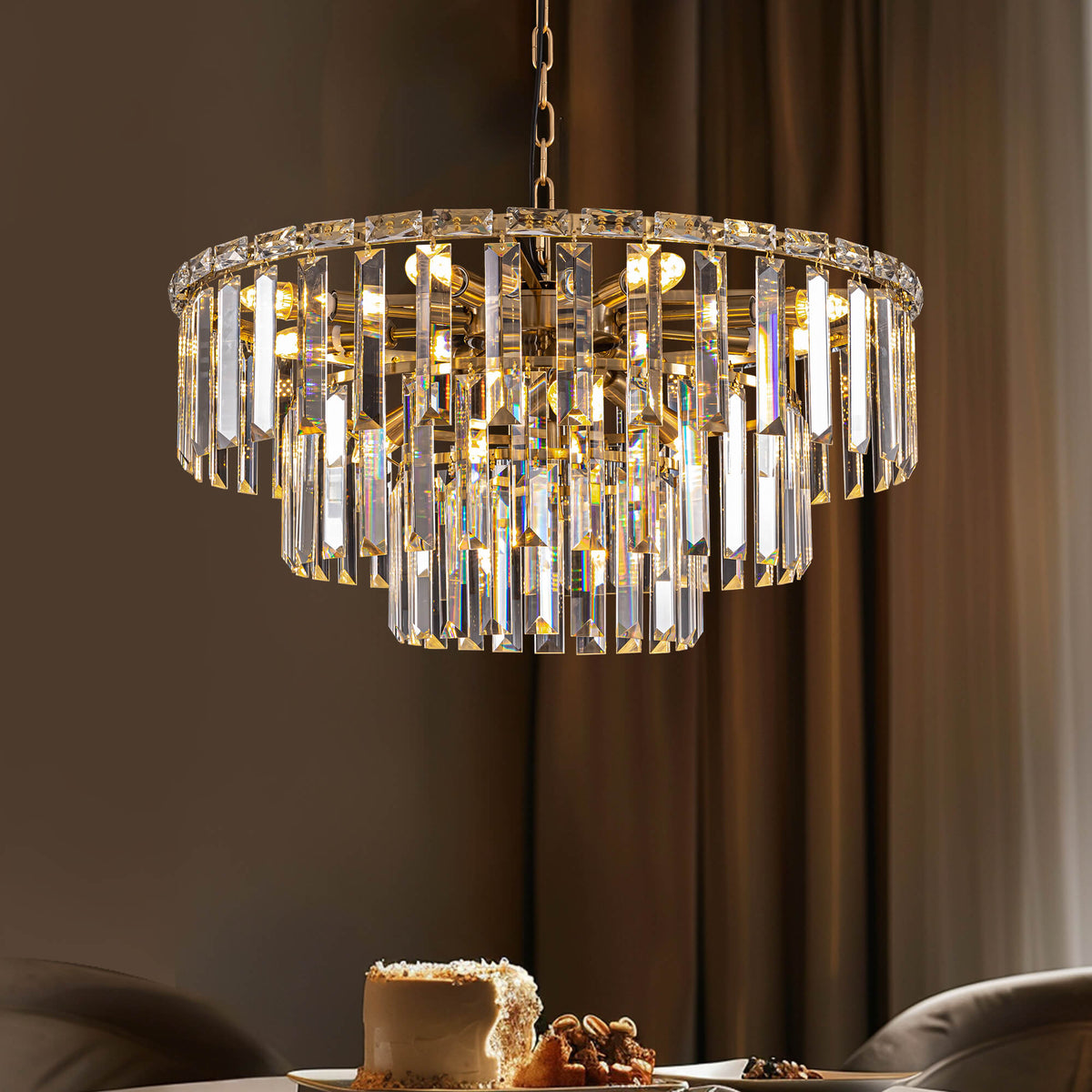 Gold Crystal Drum Chandelier | Dimmable | Dining Room | Sofary