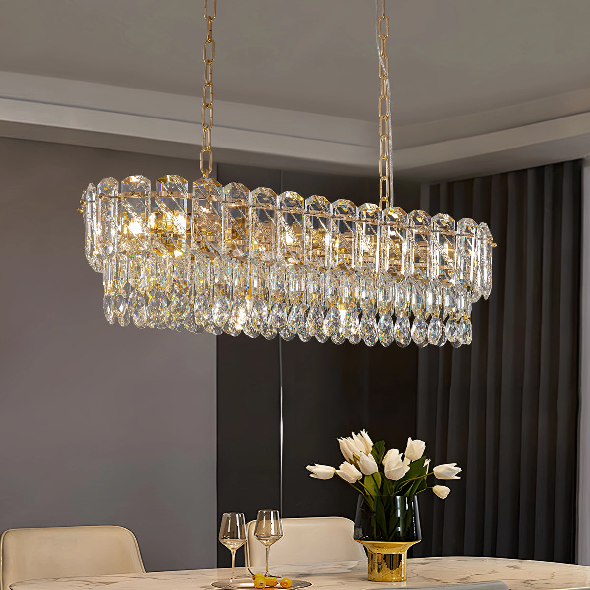 Elara Gold Crystal Rectangular Chandelier – Luxury Lighting Statement ...