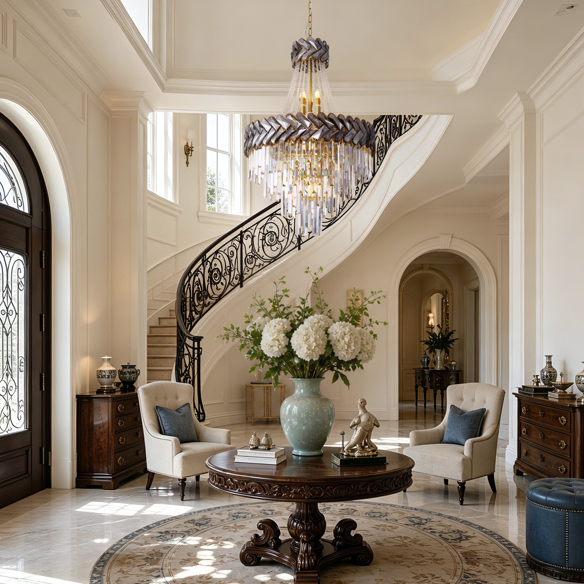 elowen-modern-luxury-black-gold-crystal-tiered-chandelier-stairs