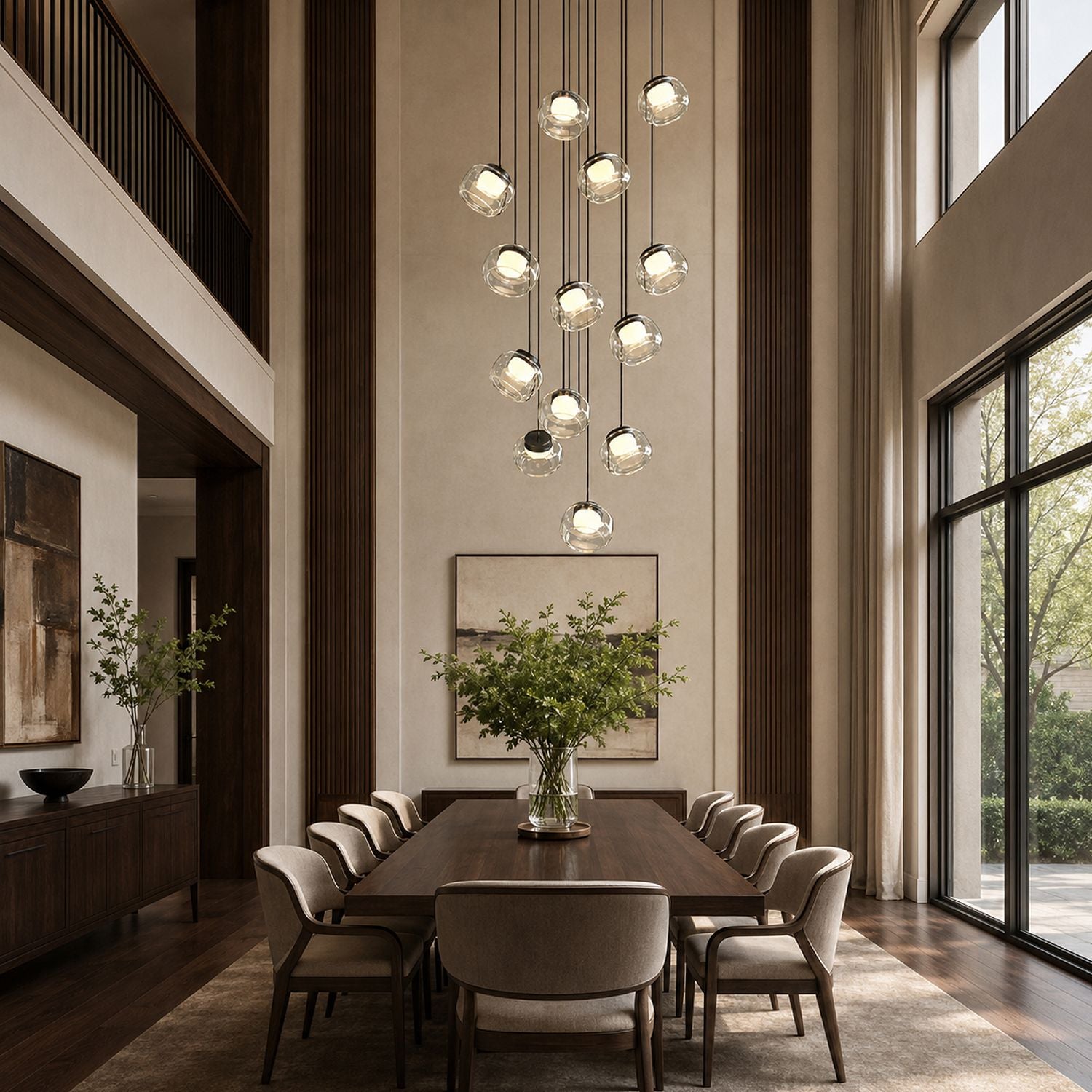 Etherea Glass Globe Chandelier above a formal dining table — neutral linen chairs, textured rug, natural sunlight, and sophisticated ambient lighting | Sofary Lighting