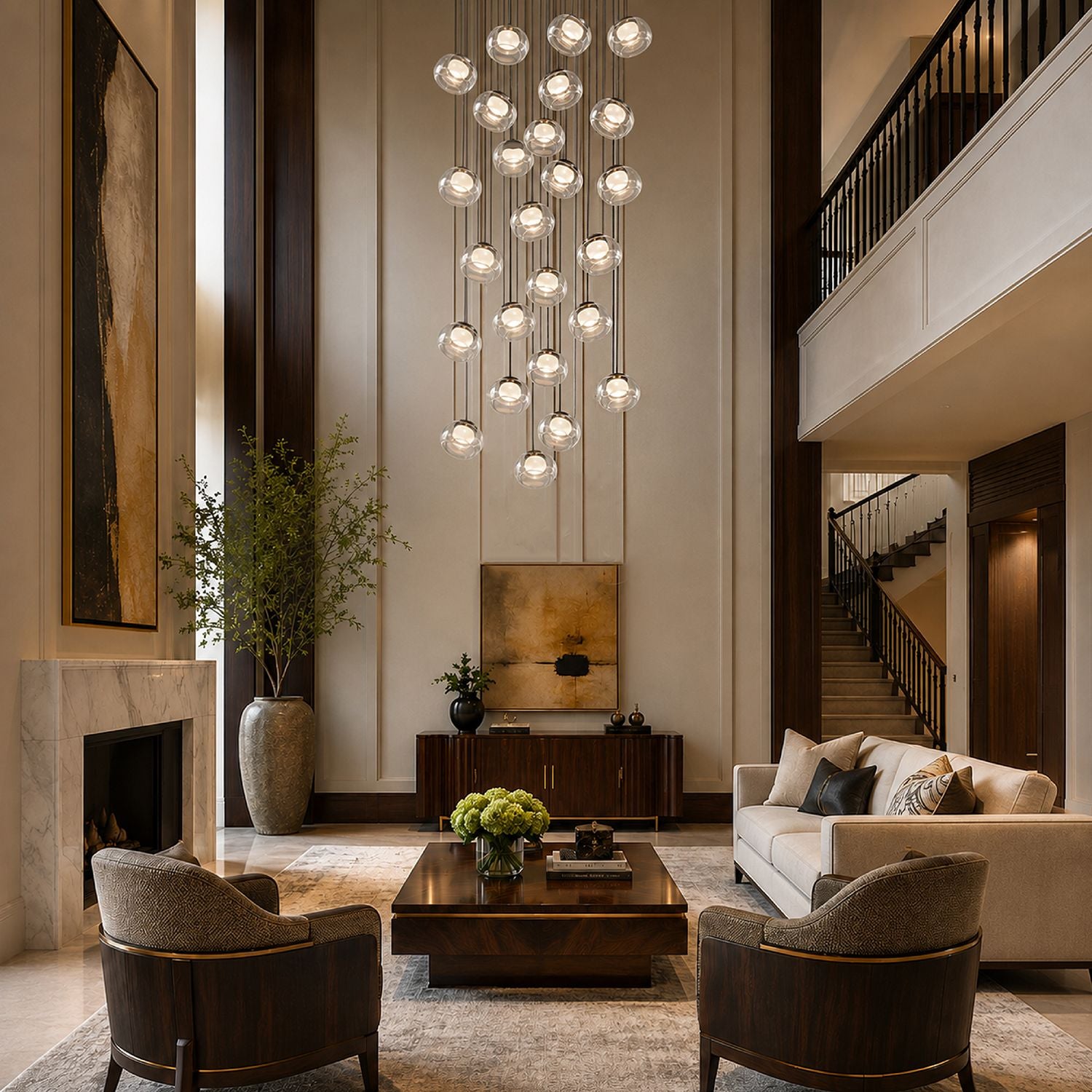 Etherea Chandelier in a cozy modern living room — L-shaped beige sofa, dark wood coffee table, tall windows with sheer curtains, and layered neutral tones | Sofary Lighting