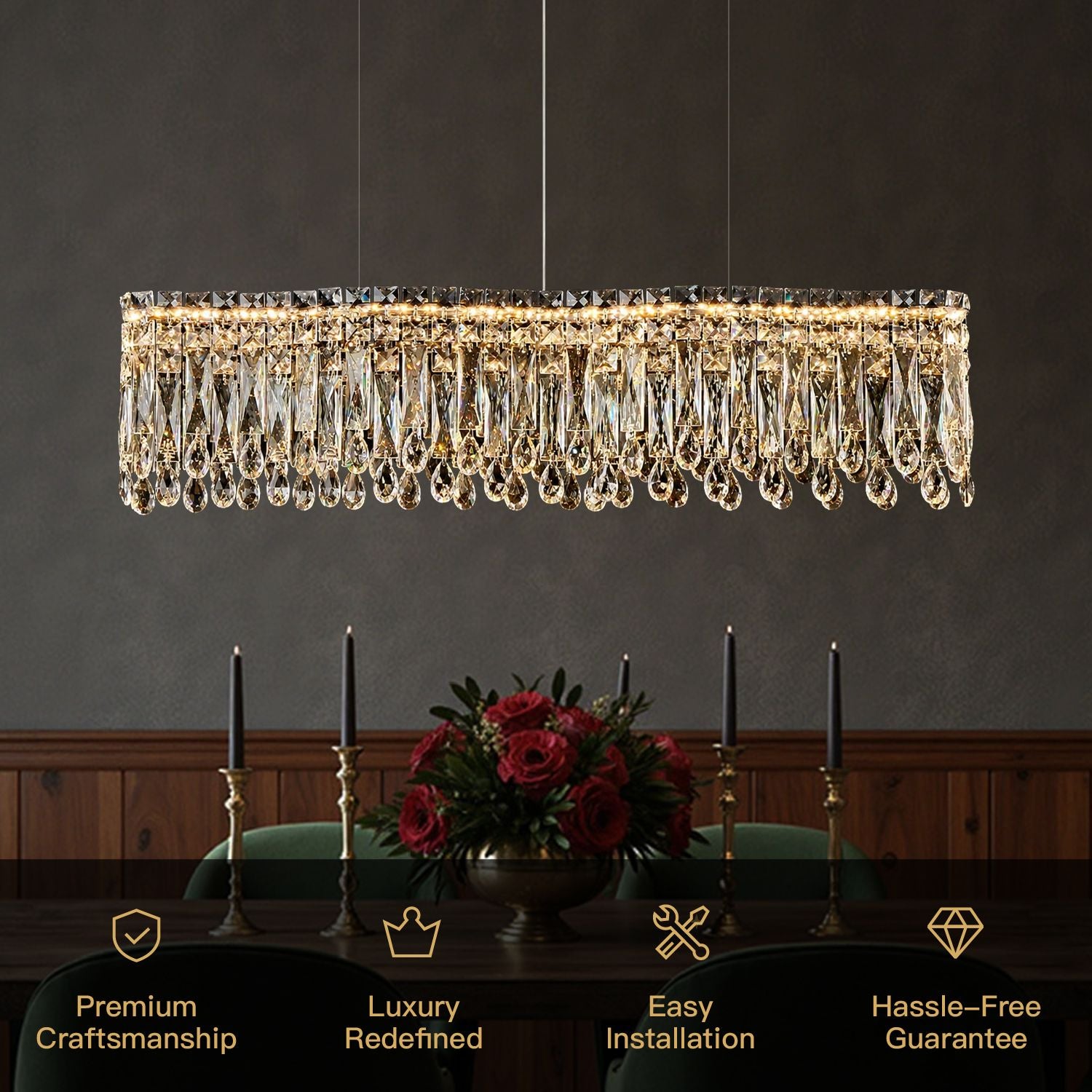 Flow Linear Modern Wave Integrated LED K9 Crystal Dining Chandelier key features: Premium Craftsmanship, Luxury Redefined, Easy Installation, Hassle-Free Guarantee | Sofary Lighting