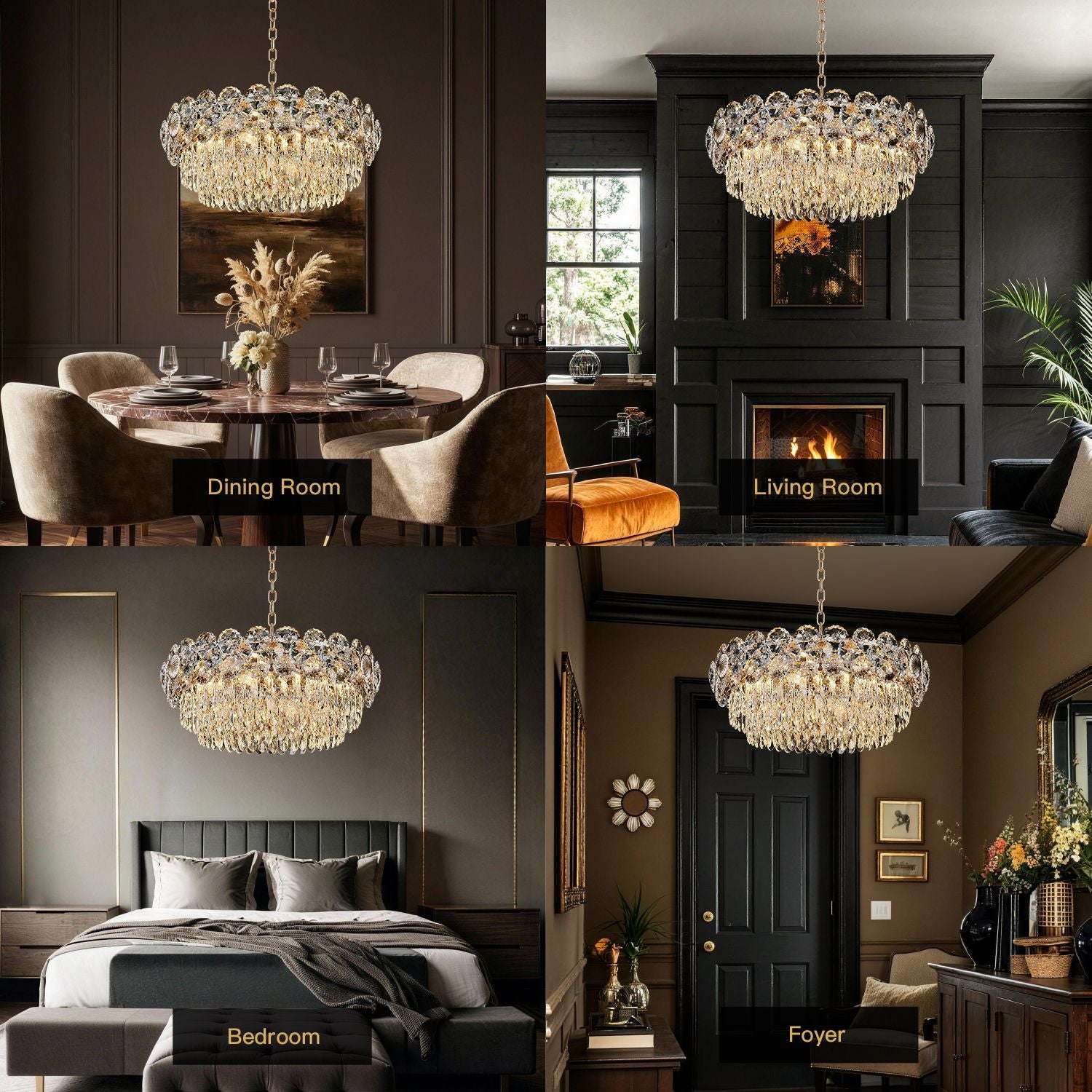 Glacia Modern Luxury Staggered K9 Crystal Flush Mount Chandelier in 4 home/commercial scenes: Dining Room (round table), Kitchen Island (white countertop), Living Room (beige sofa), Commercial (conference room) | Sofary Lighting
