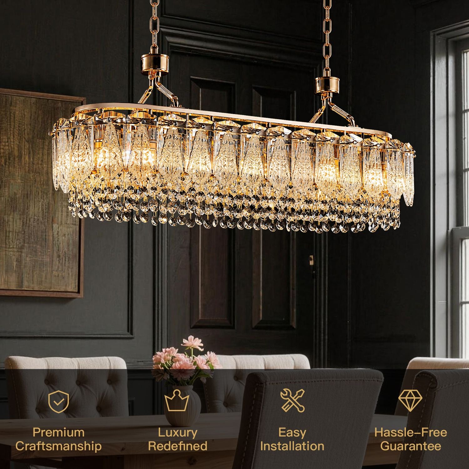 Glacier Modern Linear Ice-Cracked Crystal Chandelier key features: Premium Craftsmanship, Luxury Redefined, Easy Installation, Hassle-Free Guarantee — displayed over a dining table with pink floral decor | Sofary Lighting