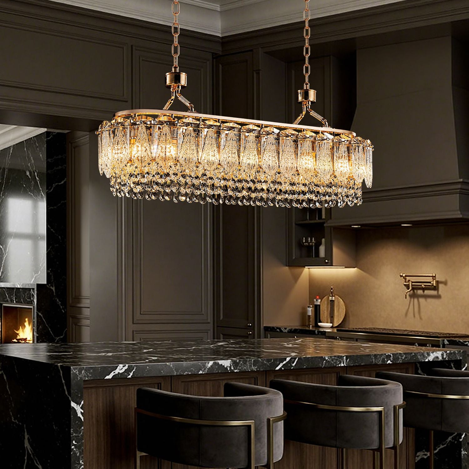 Glacier Modern Linear Ice-Cracked Crystal Chandelier in a modern kitchen — hanging above a marble kitchen island with dark wood cabinetry and stylish bar stools, featuring a cozy fireplace in the background | Sofary Lighting
