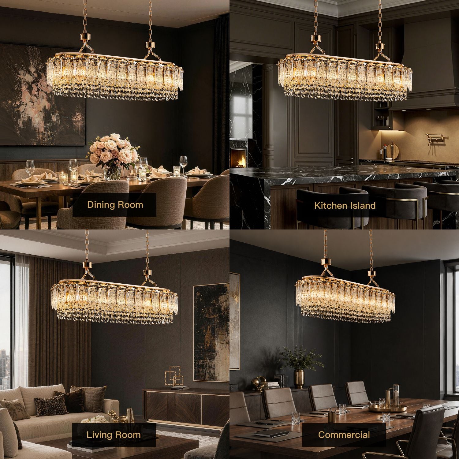 Glacier Modern Linear Ice-Cracked Crystal Chandelier in 4 home and commercial scenes: Dining Room (table setting), Kitchen Island (marble countertop), Living Room (sofa and coffee table), Commercial (conference setting) | Sofary Lighting