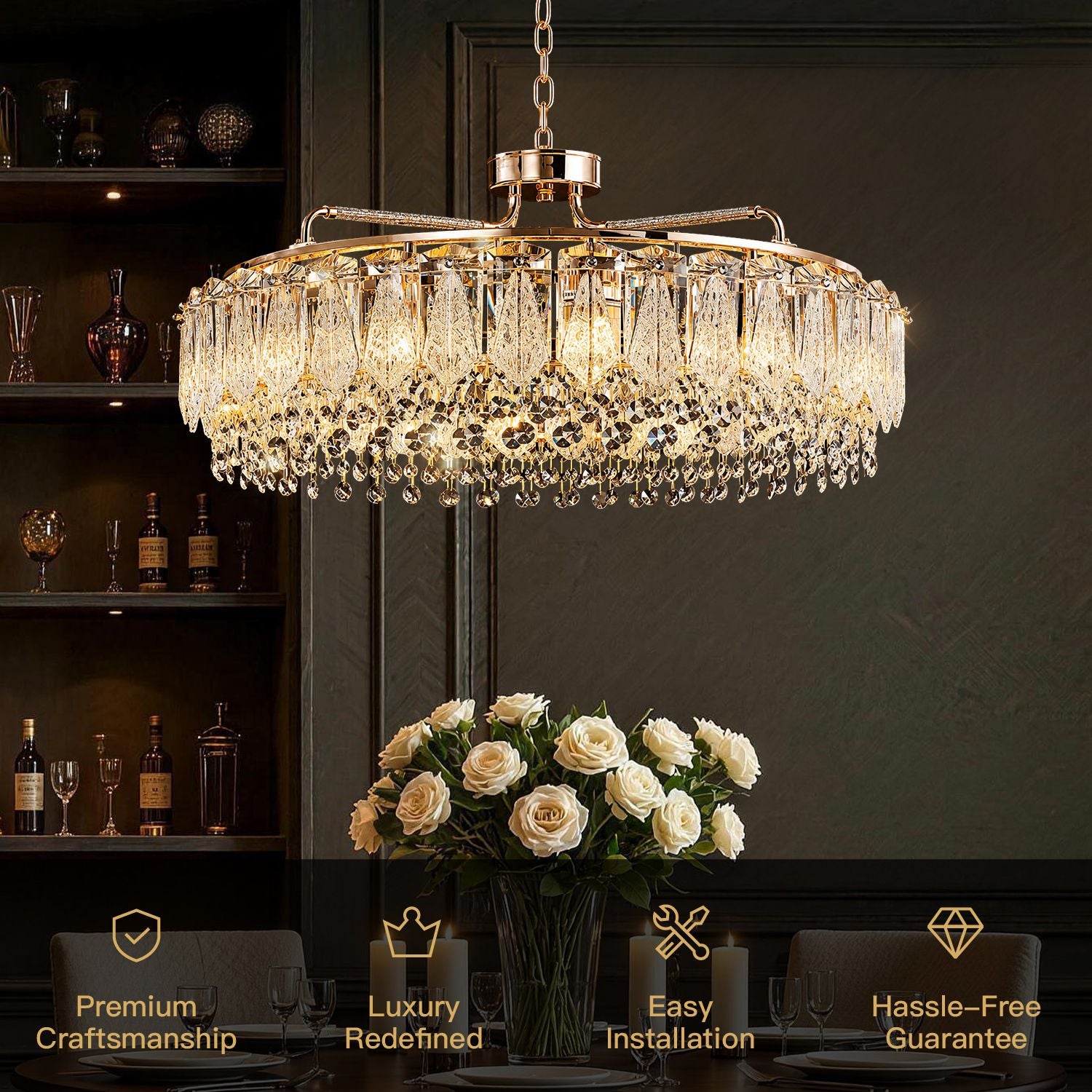 Glacier Modern Luxury Ice-Cracked Crystal Ring Chandelier key features: Premium Craftsmanship, Luxury Redefined, Easy Installation, Hassle-Free Guarantee — displayed over a dining setting with white roses | Sofary Lighting