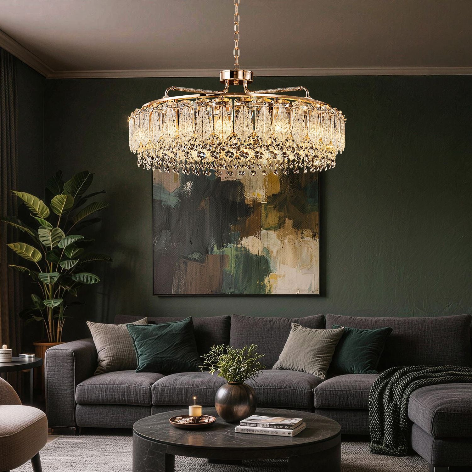 Glacier Modern Luxury Ice-Cracked Crystal Ring Chandelier in a bedroom — centered above a luxurious green velvet tufted bed, casting a warm glow over the dark wood nightstands | Sofary Lighting
