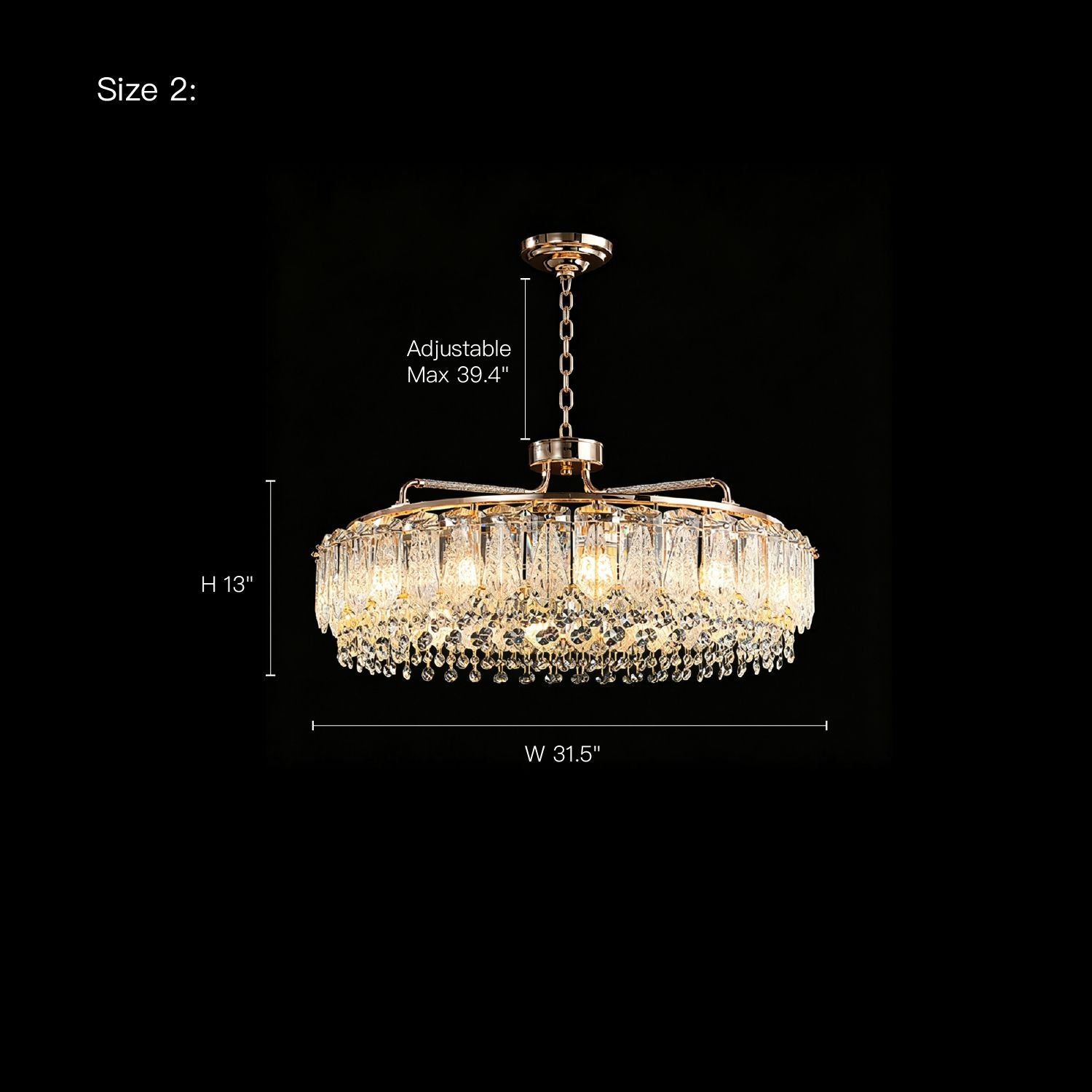 Glacier Modern Luxury Ice-Cracked Crystal Ring Chandelier Size 2 technical drawing — showing dimensions: Height 13 inches, Width 31.5 inches, with an adjustable maximum height of 39.4 inches | Sofary Lighting