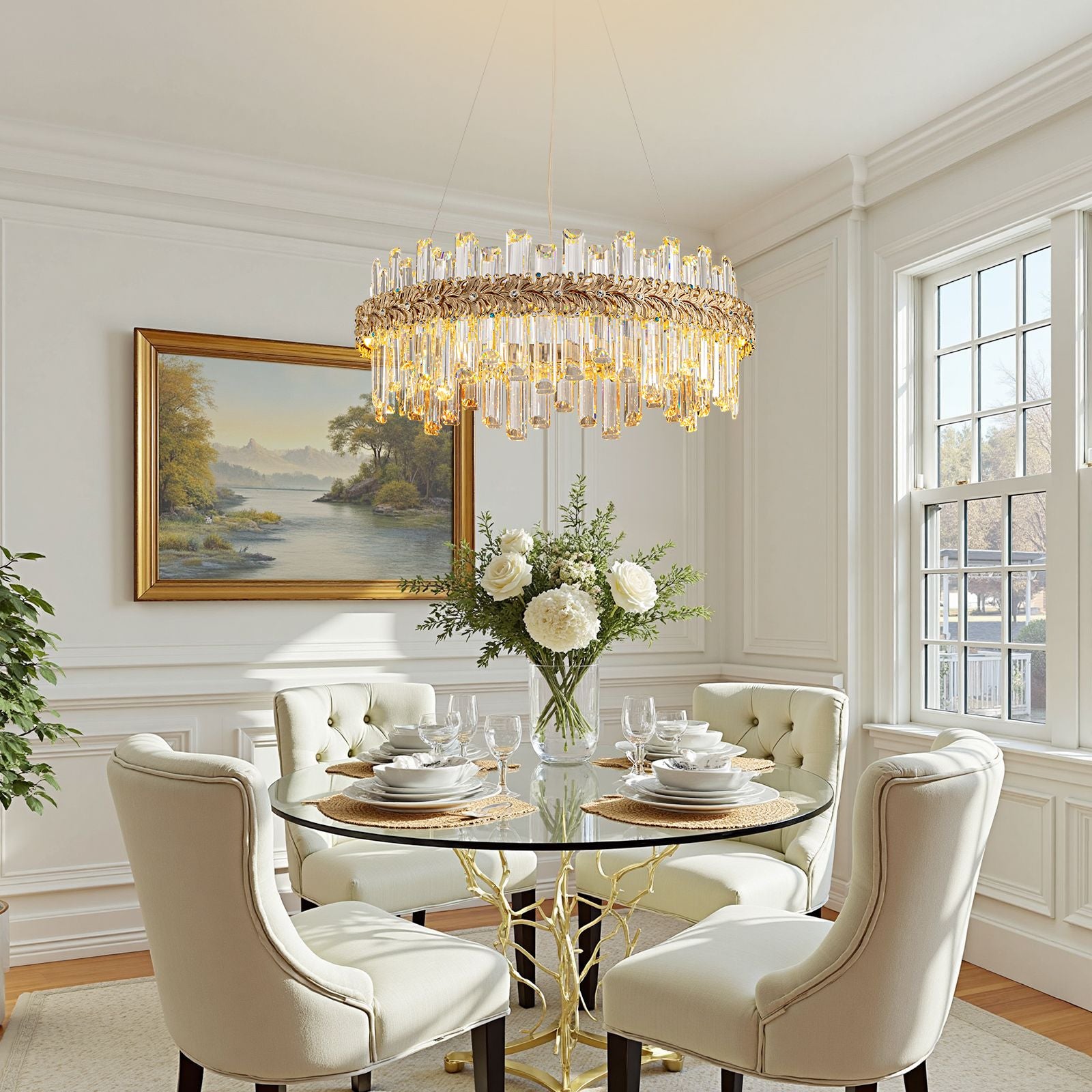 round gold crystal chandelier with built in led lighting illuminating modern dining room with elegant interior design | Sofary Lighting