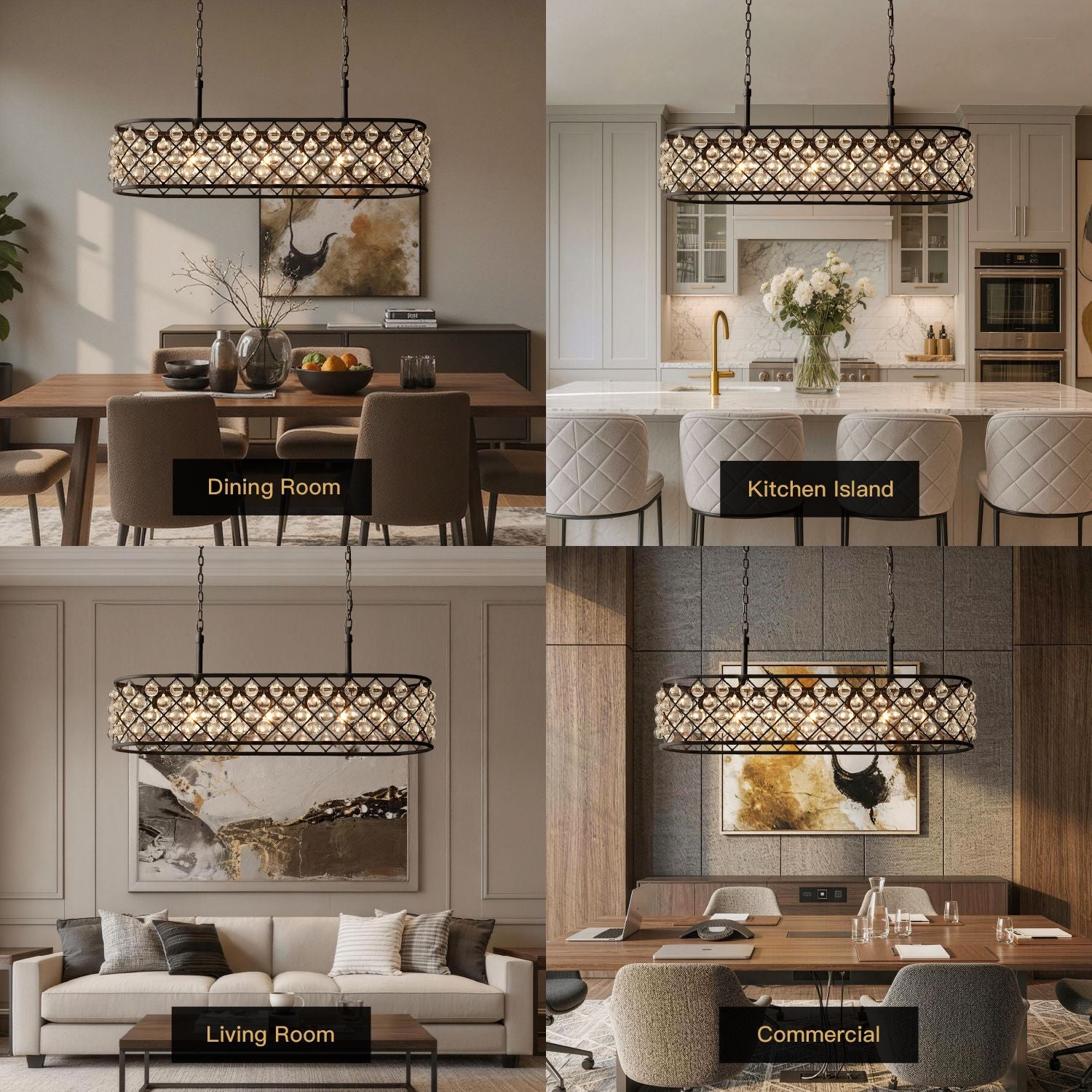 Harlow Modern Industrial Matte Black K9 Crystal Rectangle Chandelier in 4 home/commercial scenes: Dining Room (wooden table), Kitchen Island (marble countertop), Living Room (beige sofa), Commercial (conference table) | Sofary Lighting